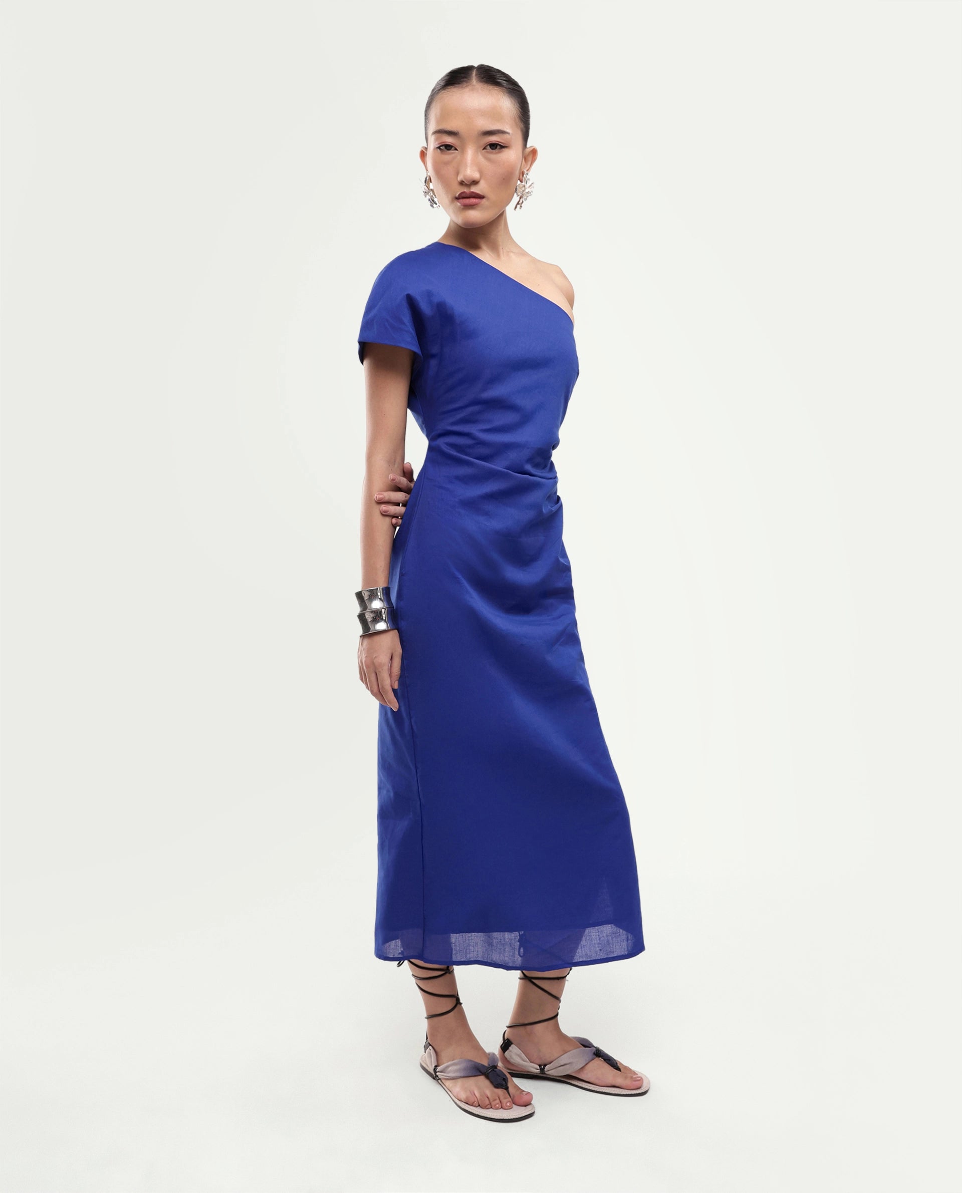 Rareism Women's Korea Dark Blue Linen One Shoulder Fitted Plain Dress