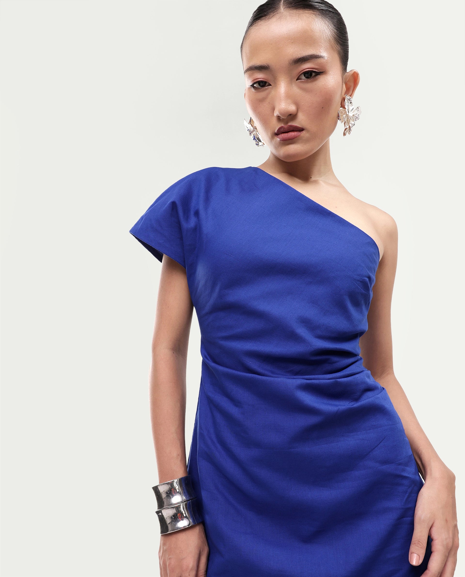 Rareism Women's Korea Dark Blue Linen One Shoulder Fitted Plain Dress