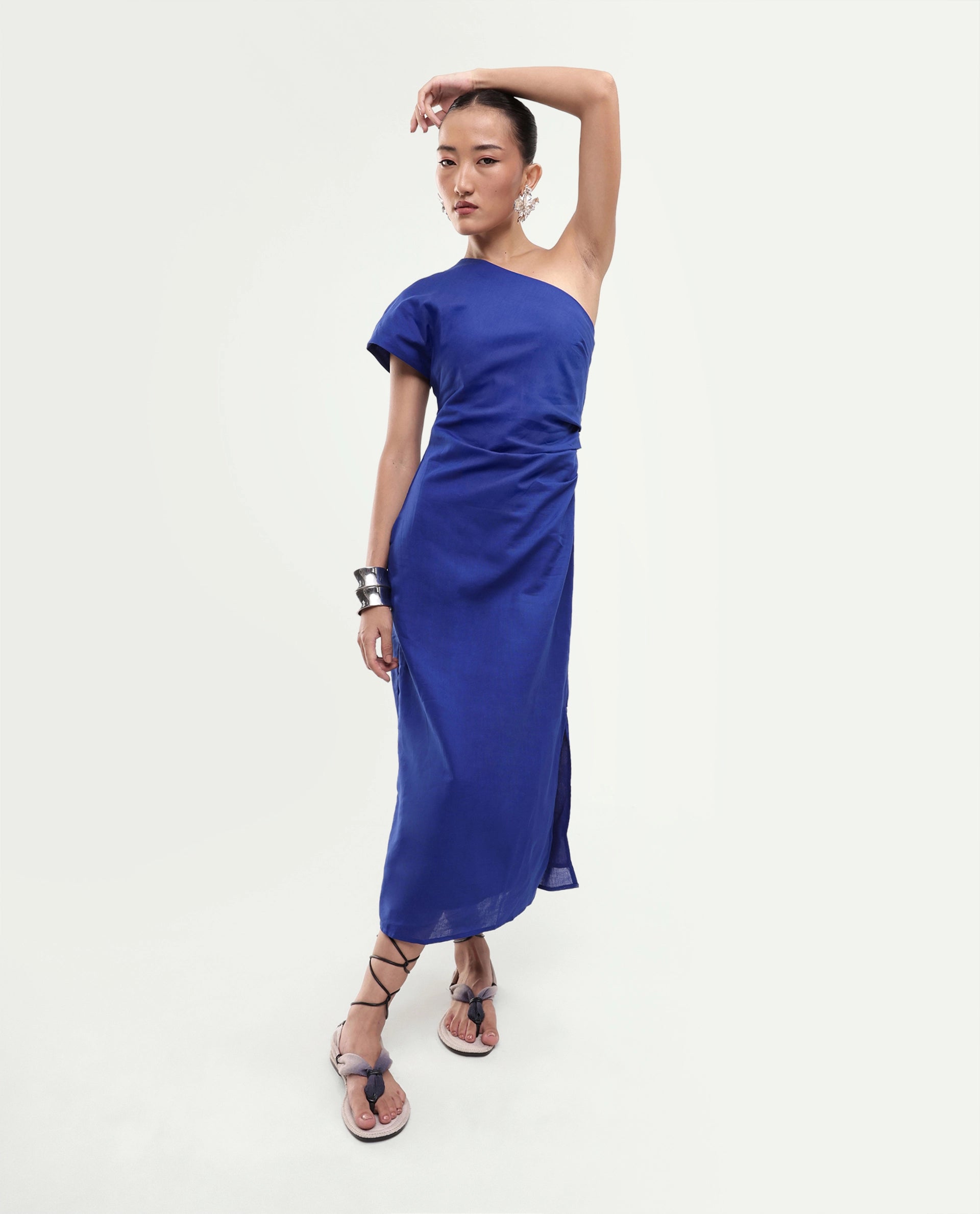 Rareism Women's Korea Dark Blue Linen One Shoulder Fitted Plain Dress