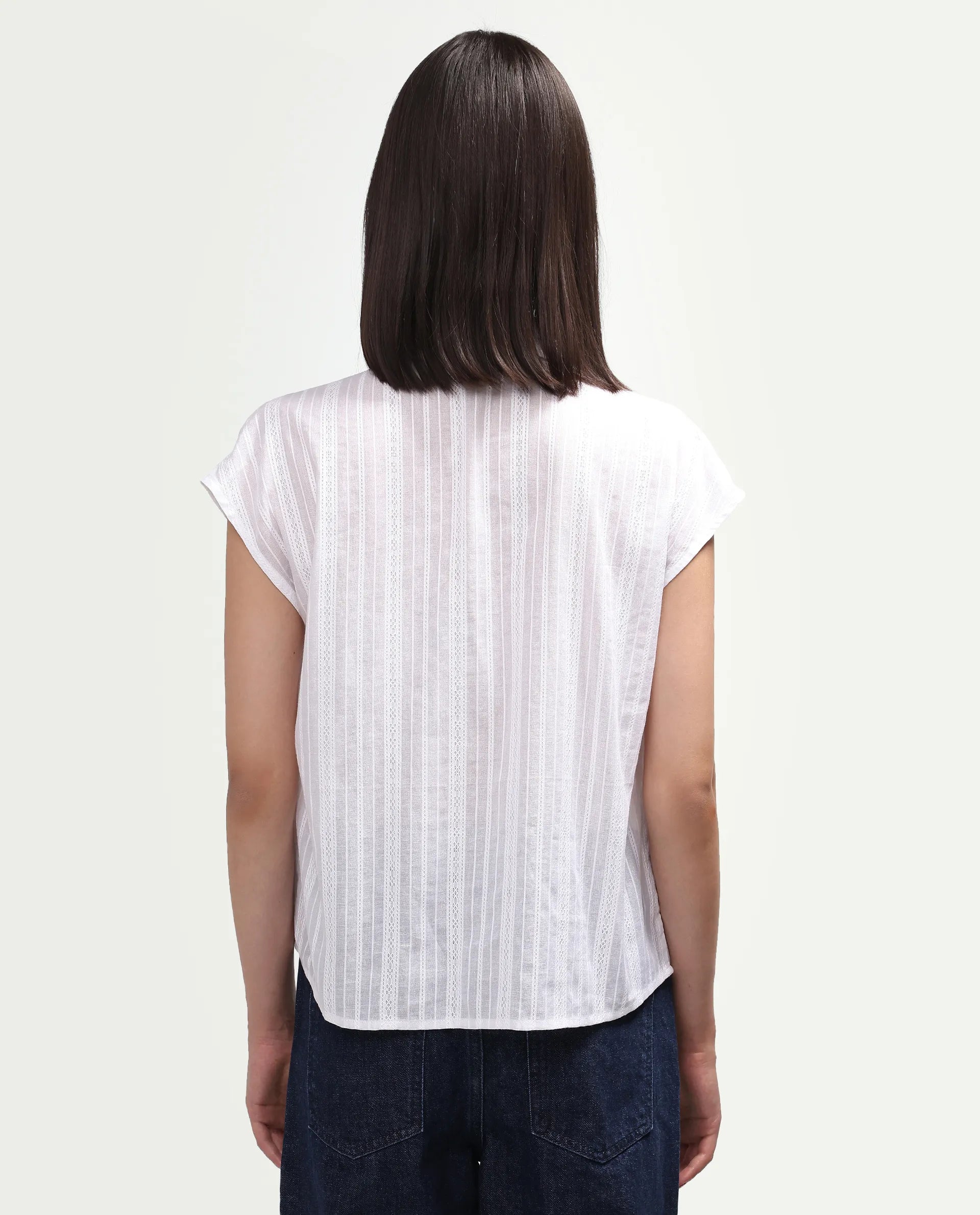 Rareism Women's Koya Off White Cotton Mandarin Collar Regular Plain Top
