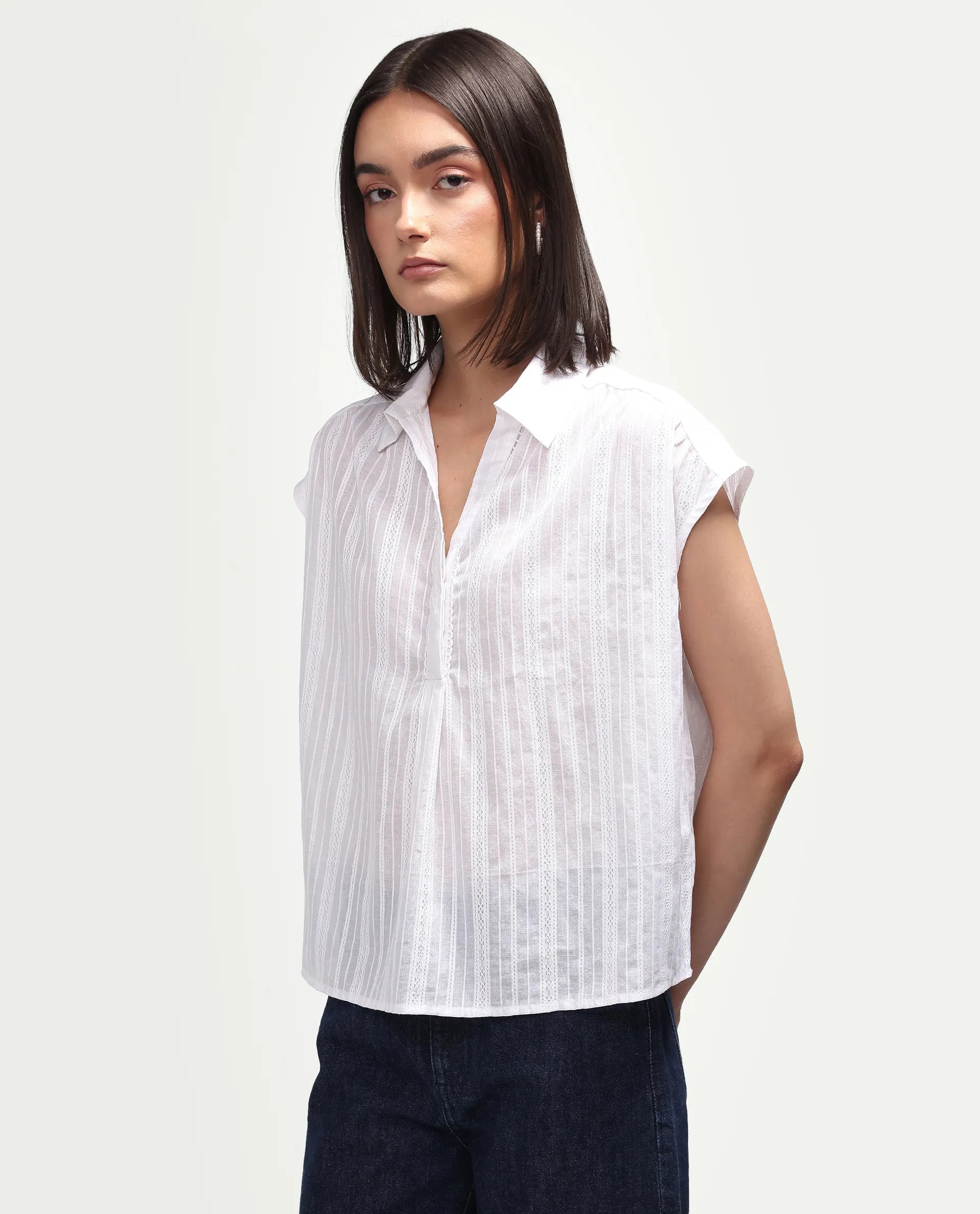 Rareism Women's Koya Off White Cotton Mandarin Collar Regular Plain Top
