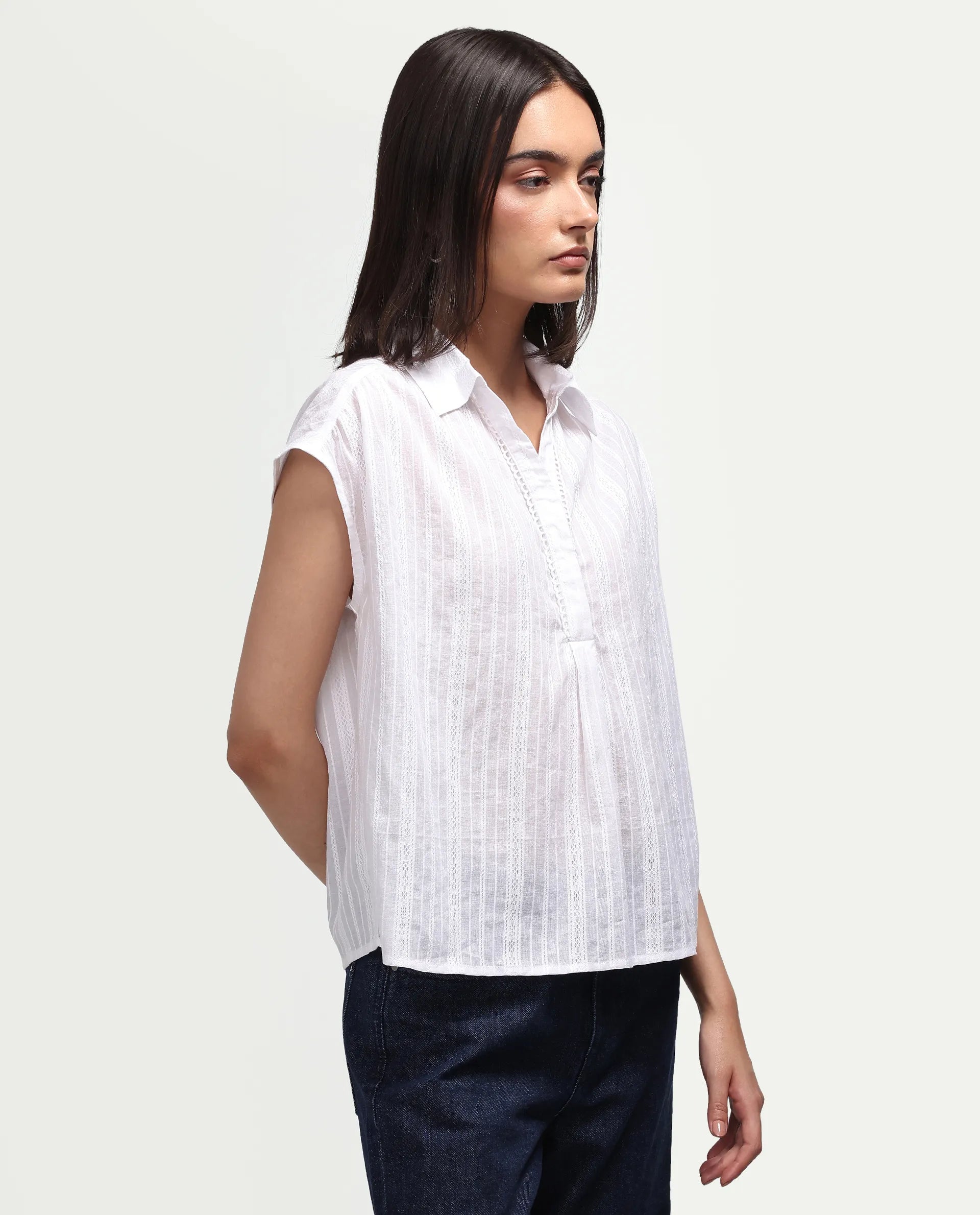 Rareism Women's Koya Off White Cotton Mandarin Collar Regular Plain Top