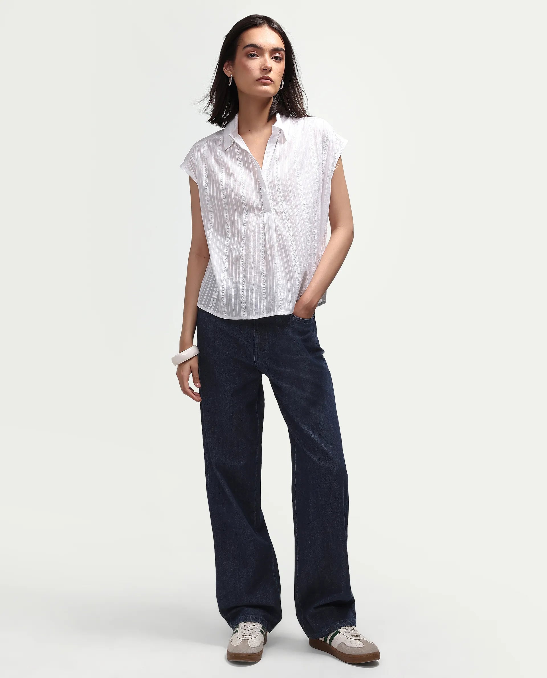 Rareism Women's Koya Off White Cotton Mandarin Collar Regular Plain Top