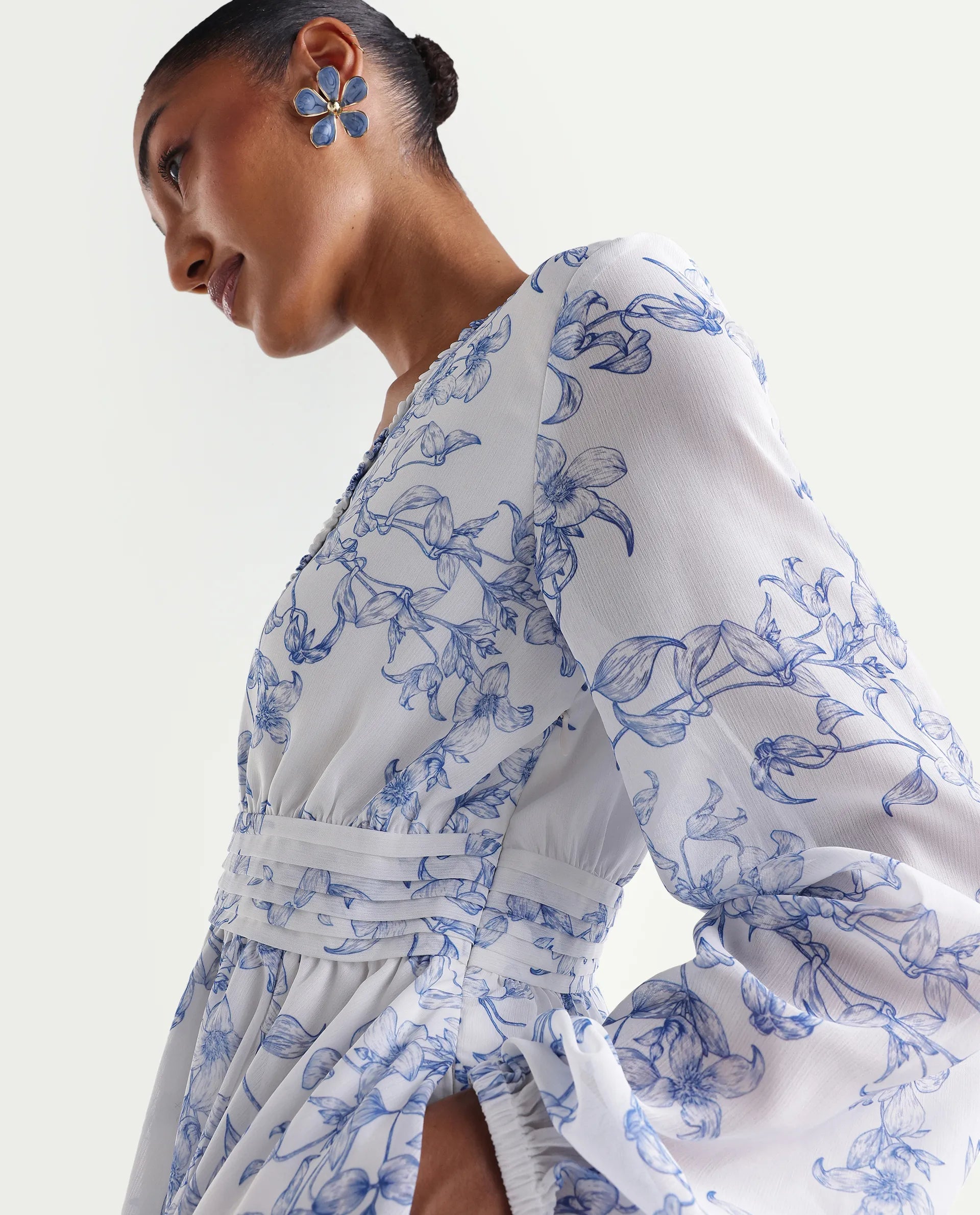Rareism Women's Kriko Off White Polyester Ruffled Neck Asymmetric Ornamental Print Dress