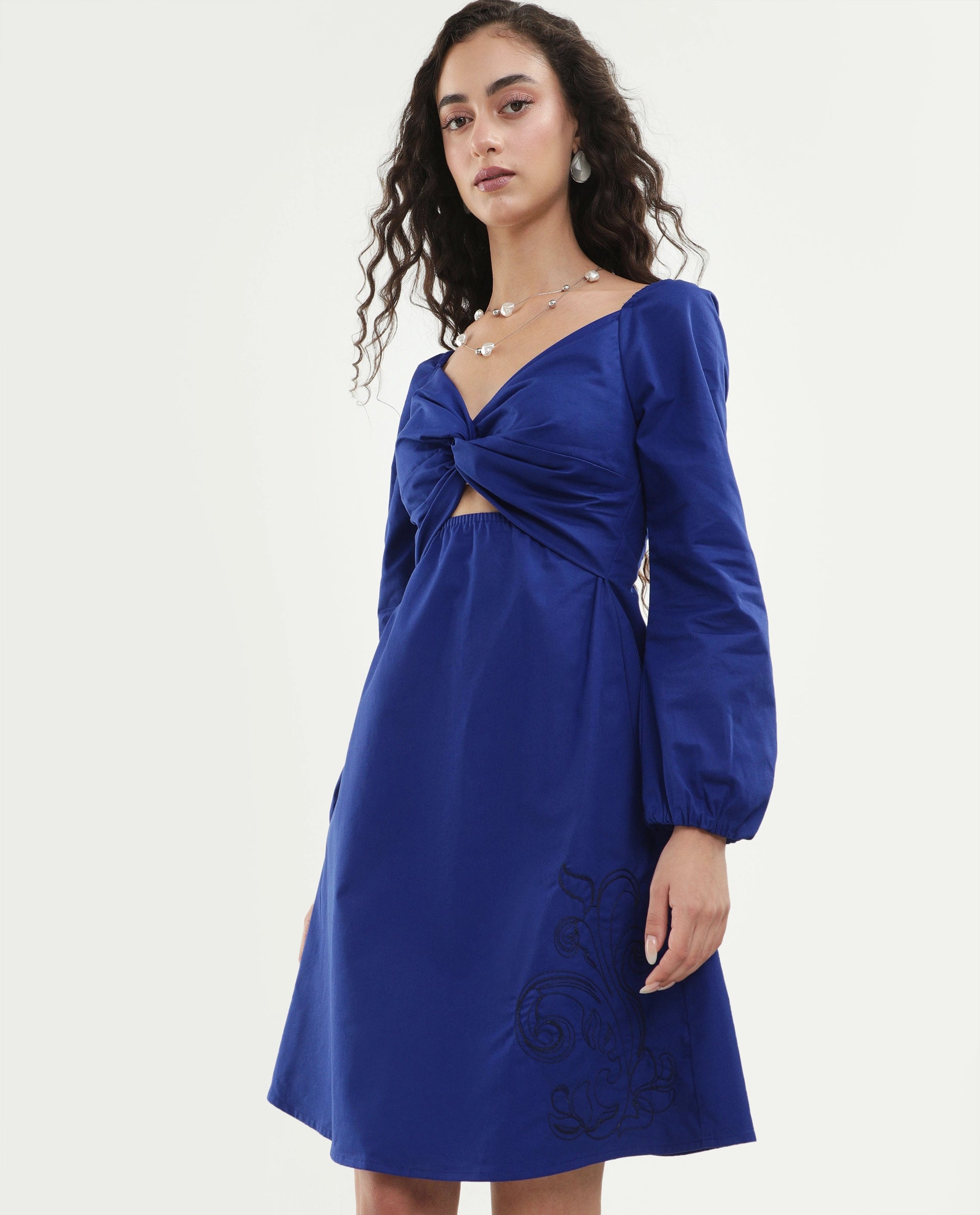 Rareism Women's Krite Navy Cotton Fabric V-Neck Fit And Flare Embroidered Dress