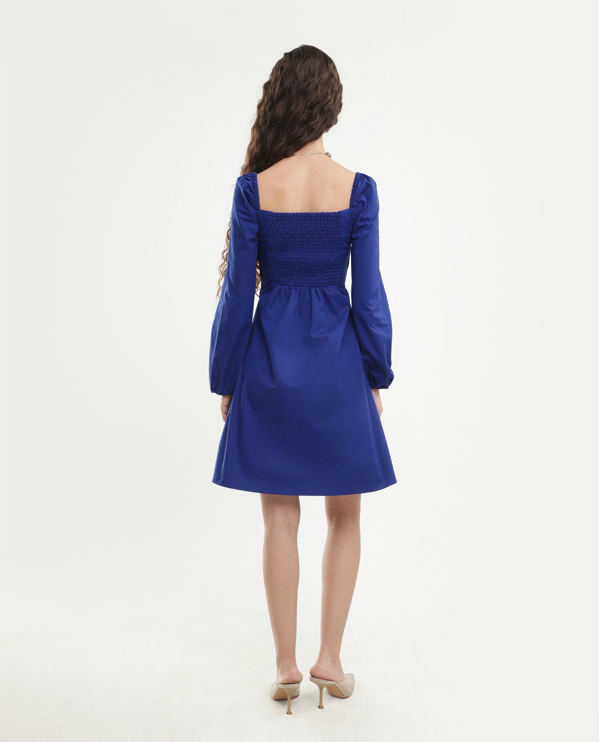 Rareism Women's Krite Navy Cotton Fabric V-Neck Fit And Flare Embroidered Dress