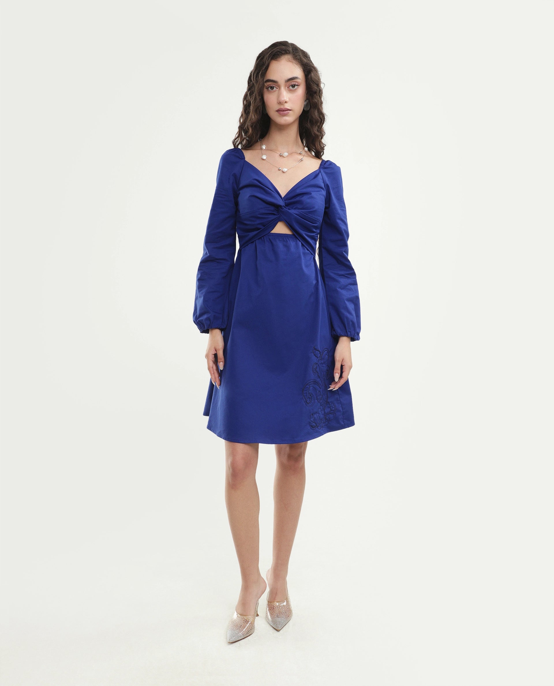 Rareism Women's Krite Navy Cotton Fabric V-Neck Fit And Flare Embroidered Dress