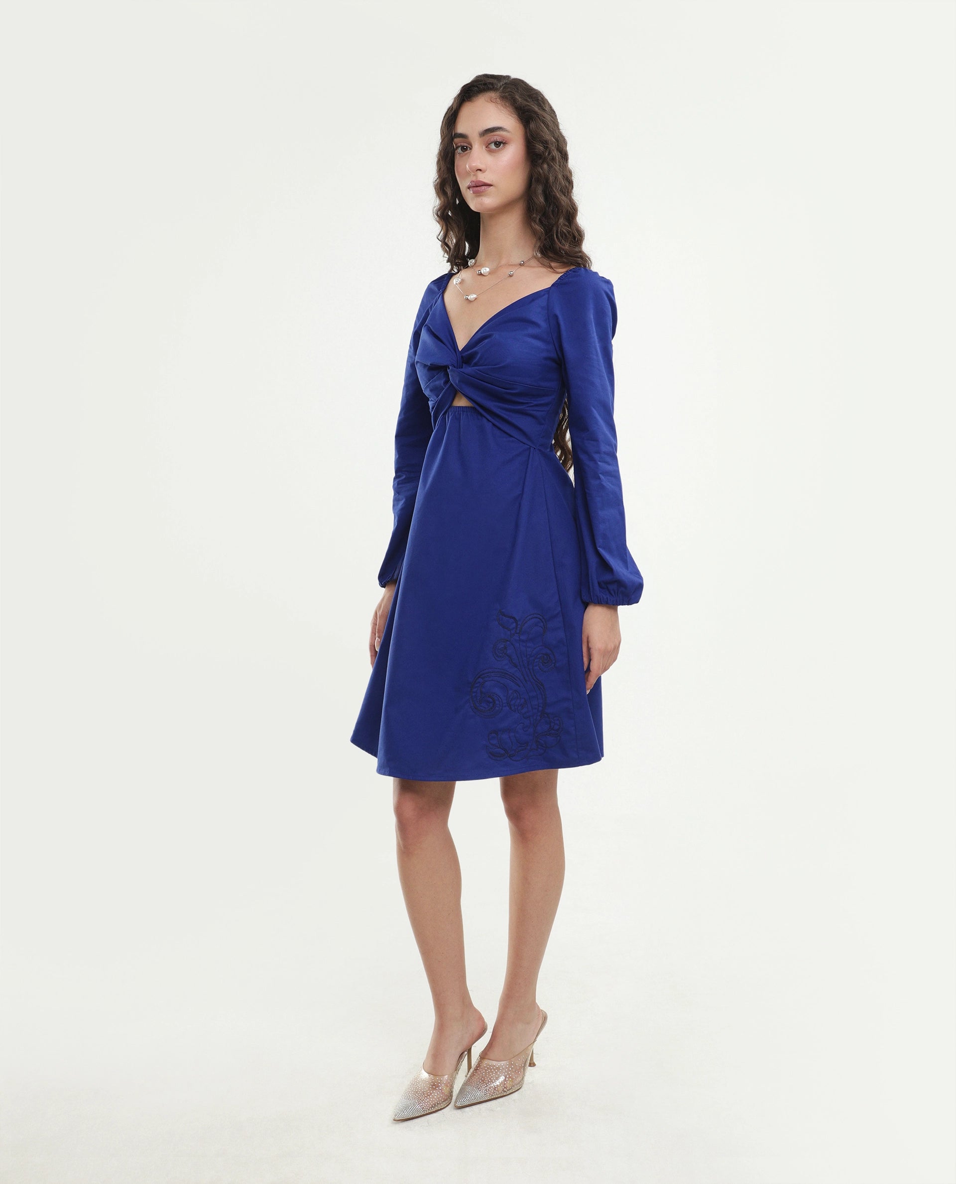 Rareism Women's Krite Navy Cotton Fabric V-Neck Fit And Flare Embroidered Dress