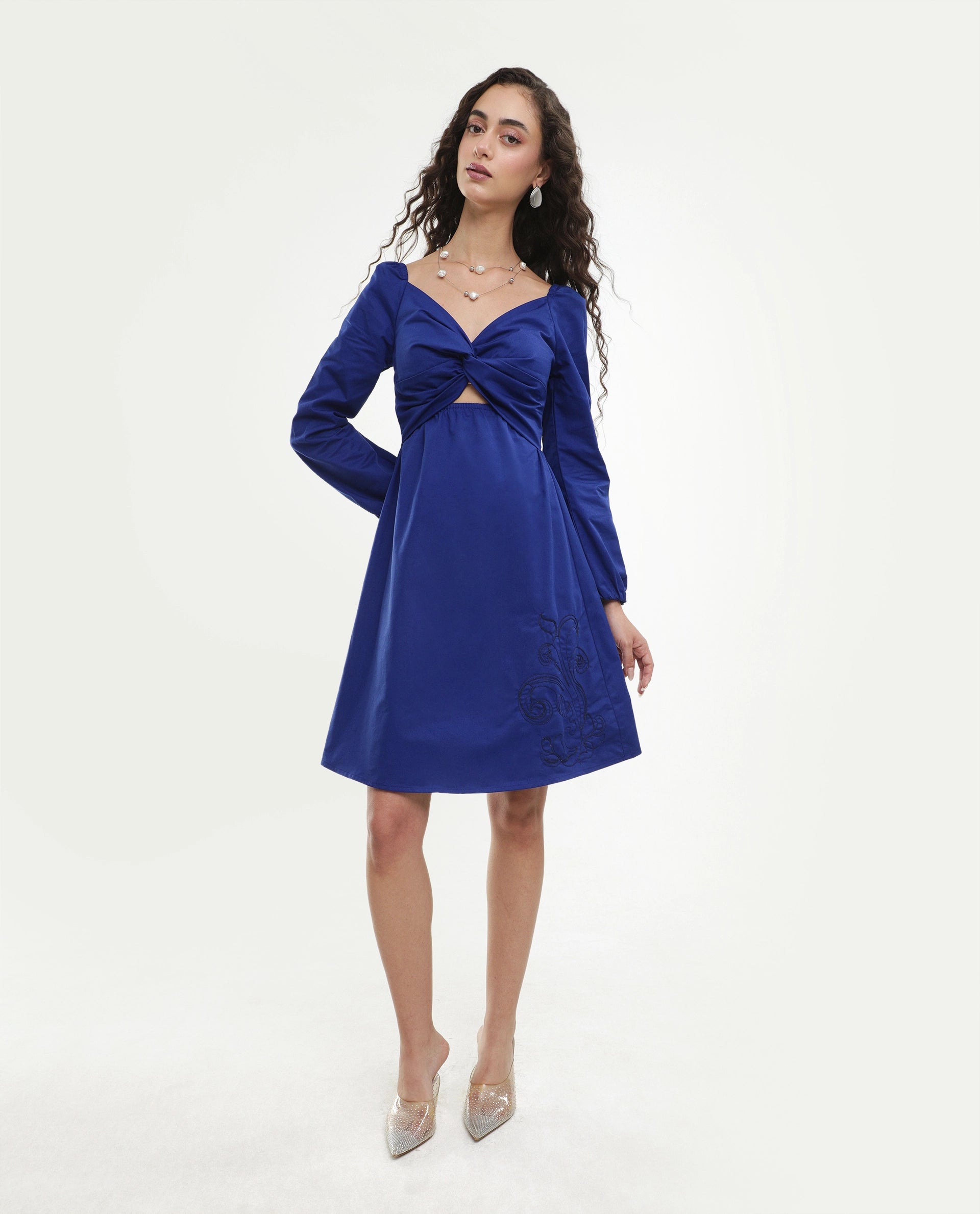 Rareism Women's Krite Navy Cotton Fabric V-Neck Fit And Flare Embroidered Dress