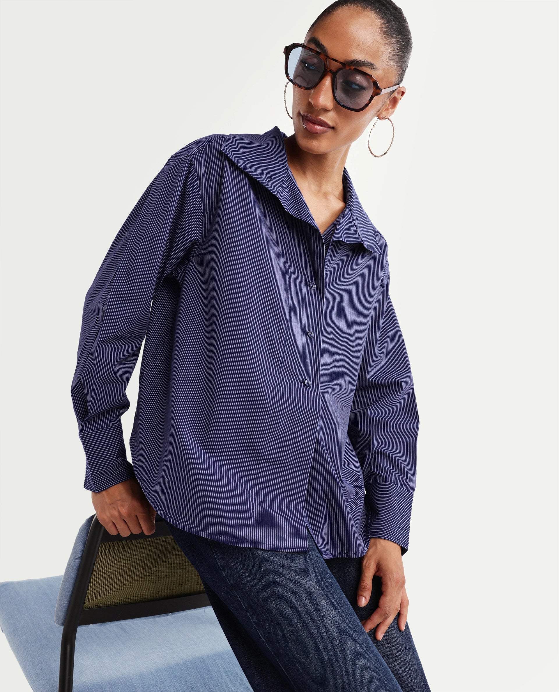 Rareism Women's Krome Blue Cotton Spread Collar Relaxed Striped Shirt