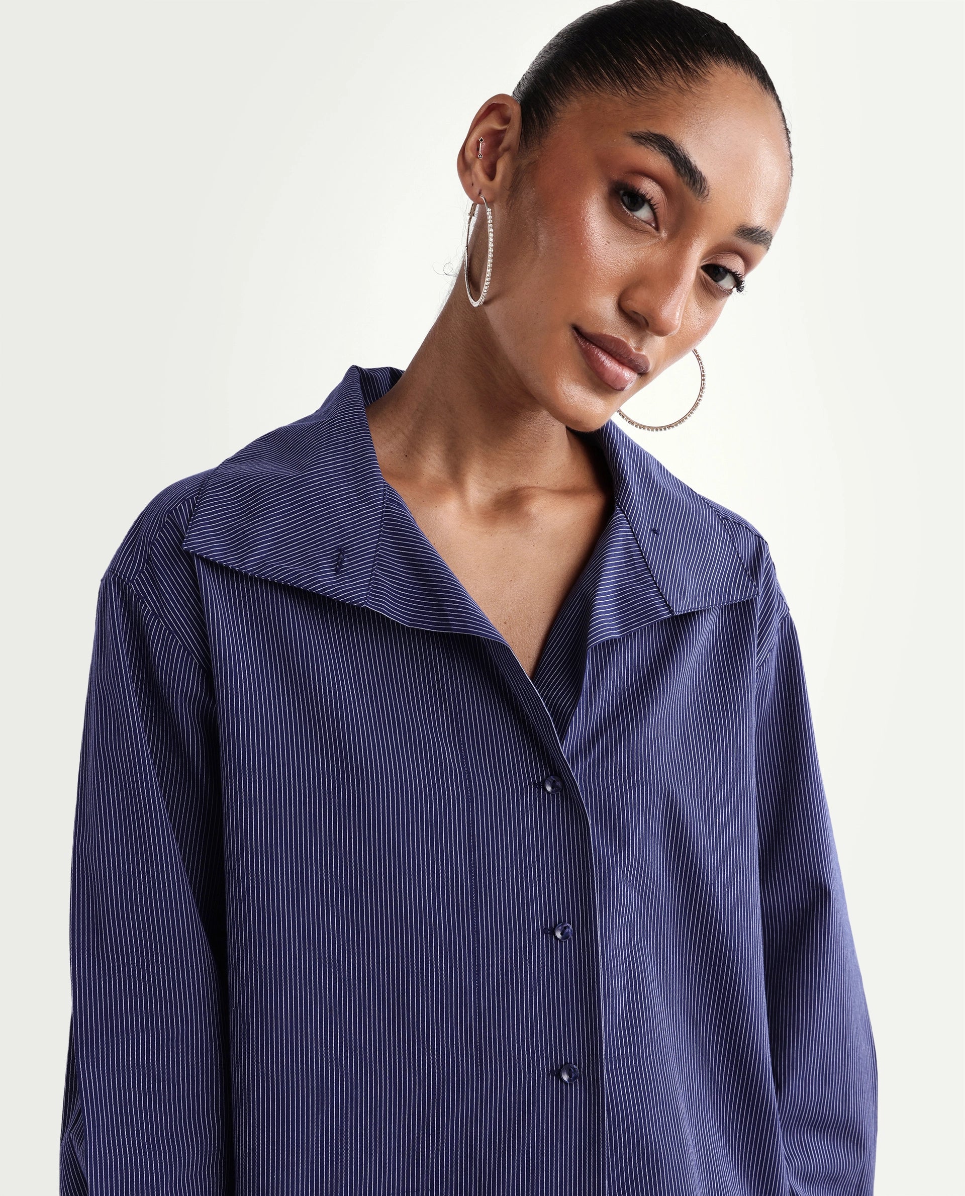 Rareism Women's Krome Blue Cotton Spread Collar Relaxed Striped Shirt