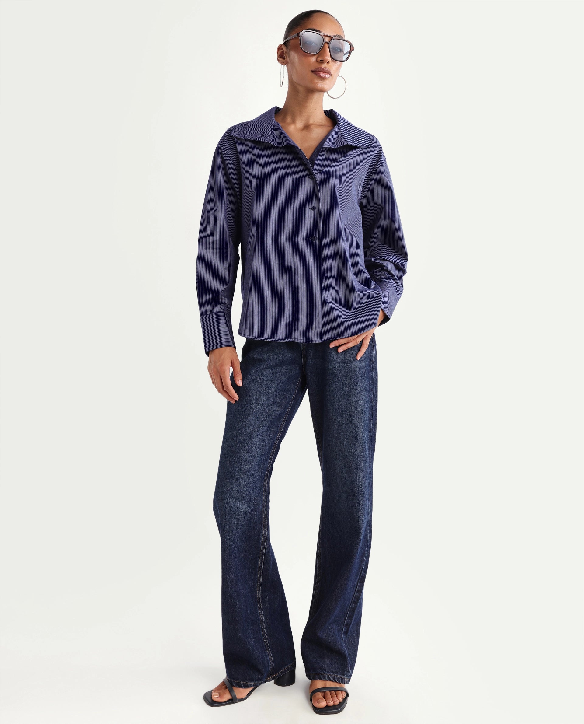 Rareism Women's Krome Blue Cotton Spread Collar Relaxed Striped Shirt