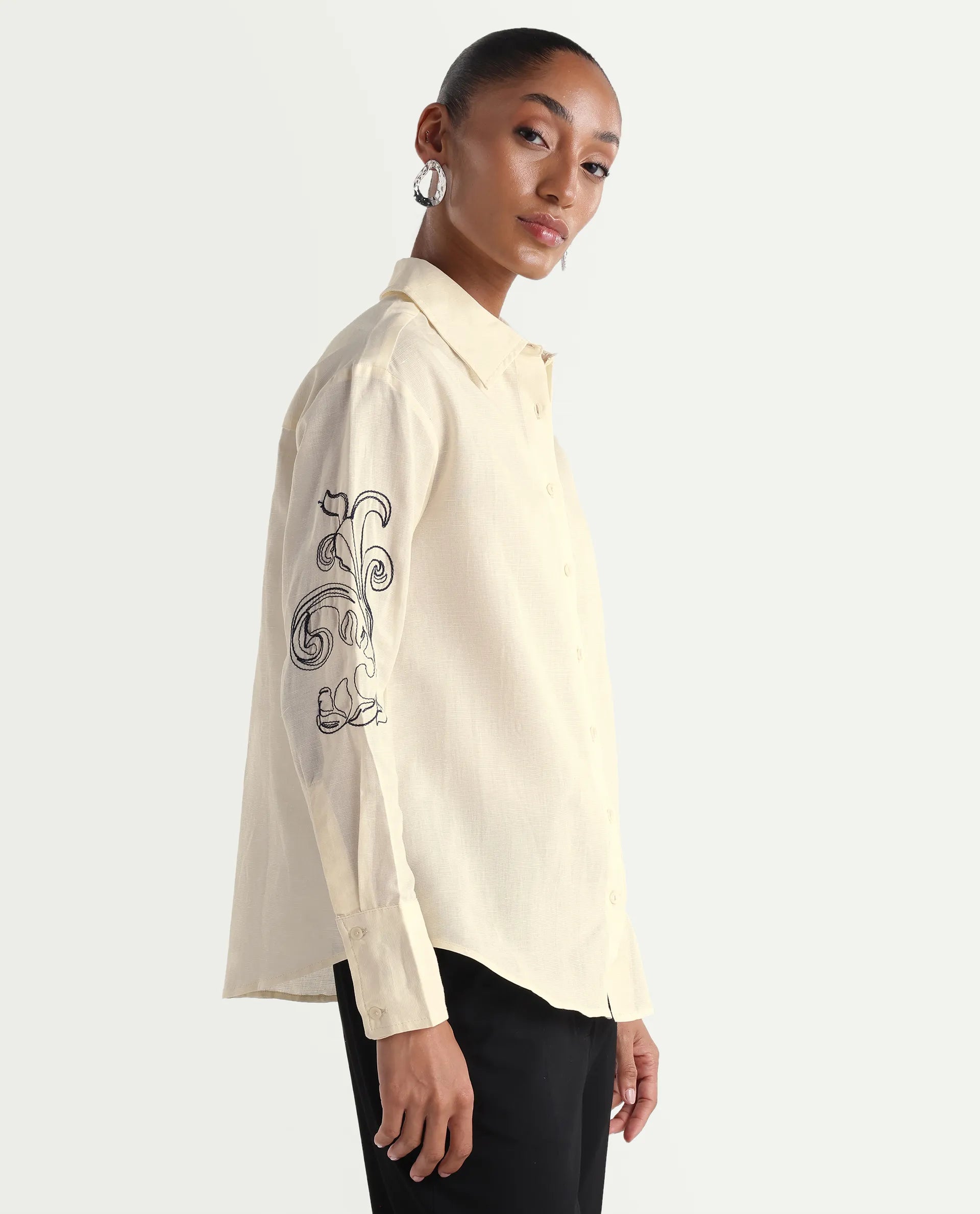 Rareism Women's Kruz Light Beige Linen Spread Collar Relaxed Embroidered Shirt