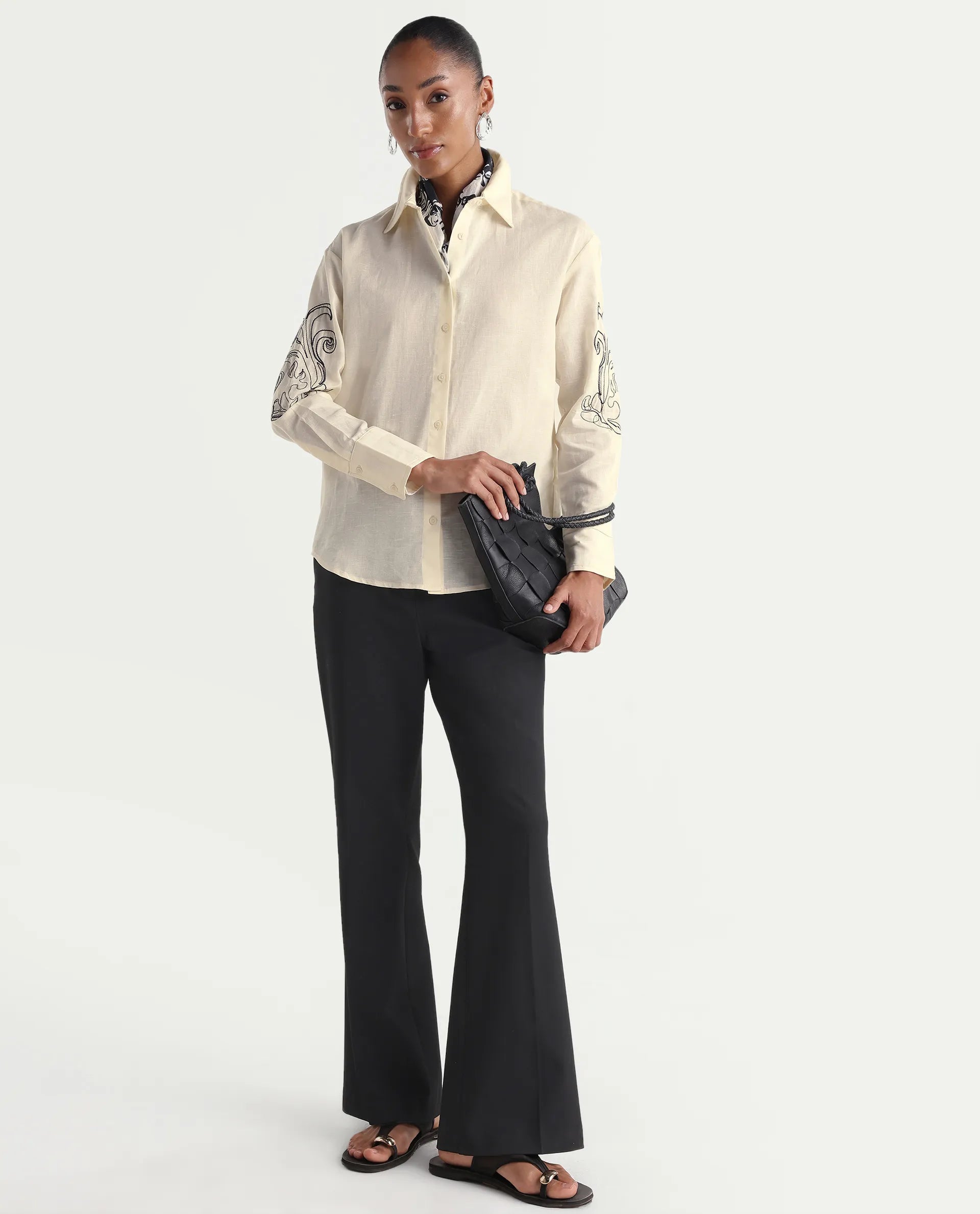Rareism Women's Kruz Light Beige Linen Spread Collar Relaxed Embroidered Shirt