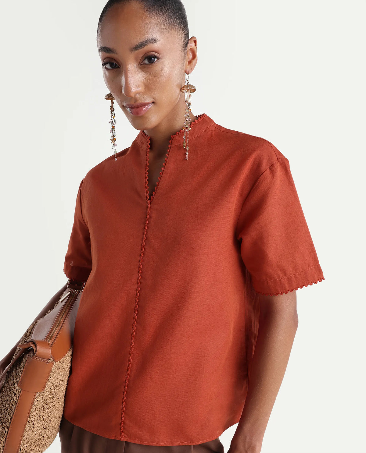 Rareism Women's Mony Rust Linen Half Sleeve Mandarin Collar Regular Top