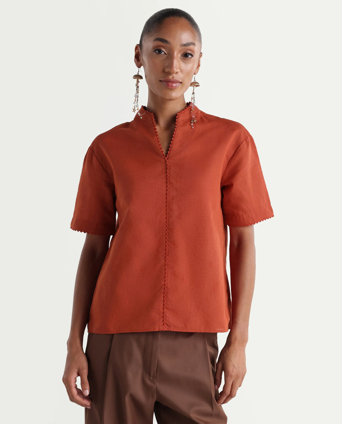 Rareism Women's Mony Rust Linen Half Sleeve Mandarin Collar Regular Top