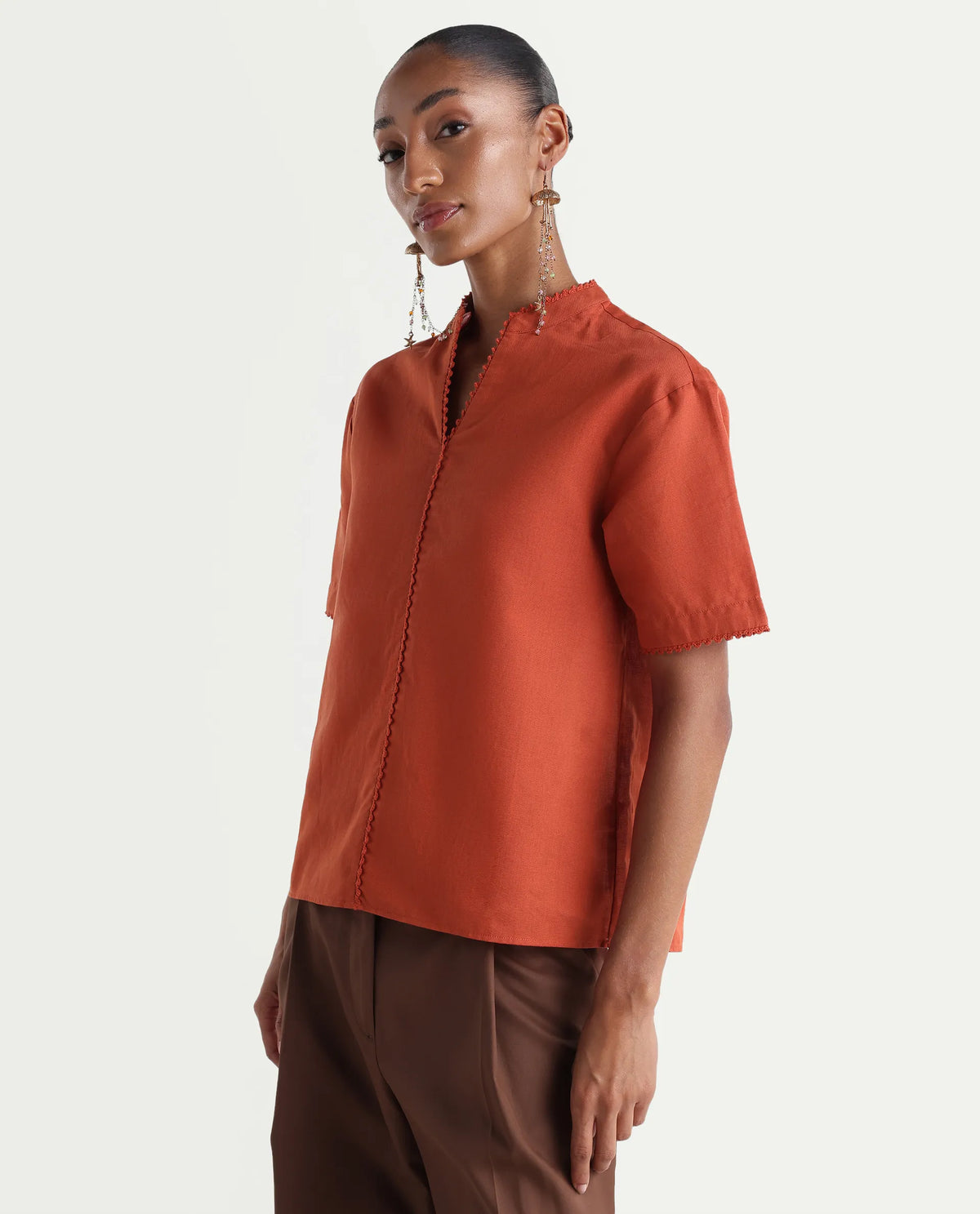 Rareism Women's Mony Rust Linen Half Sleeve Mandarin Collar Regular Top