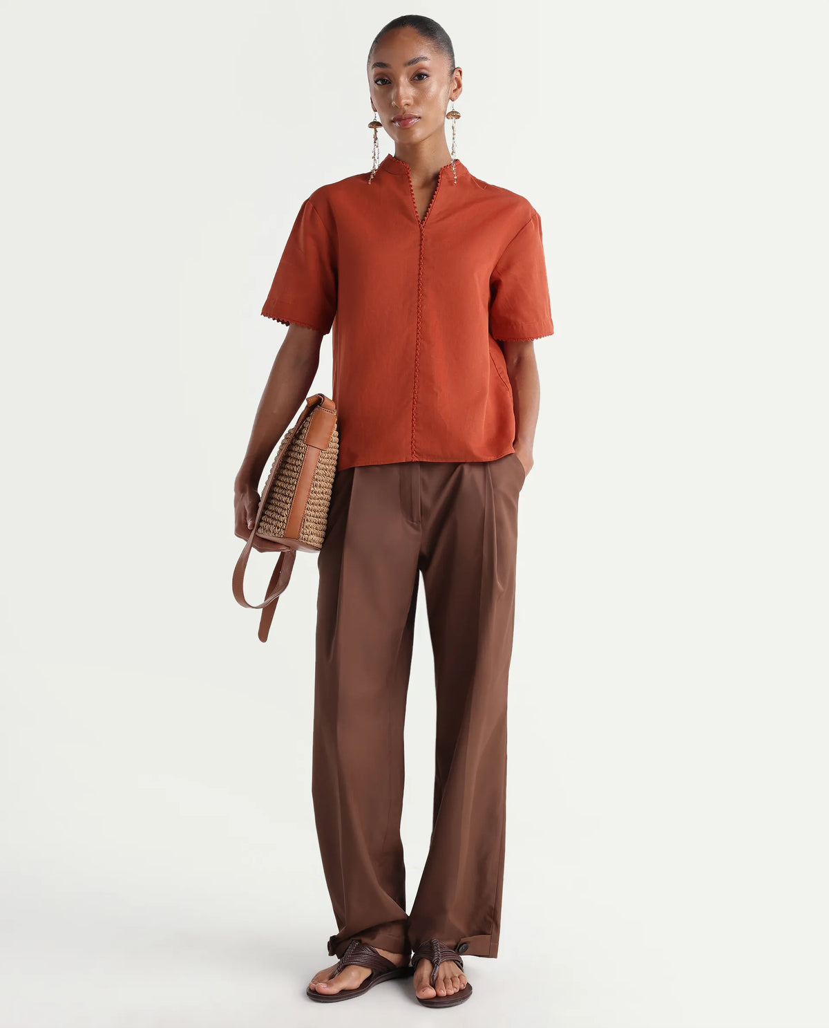 Rareism Women's Mony Rust Linen Half Sleeve Mandarin Collar Regular Top