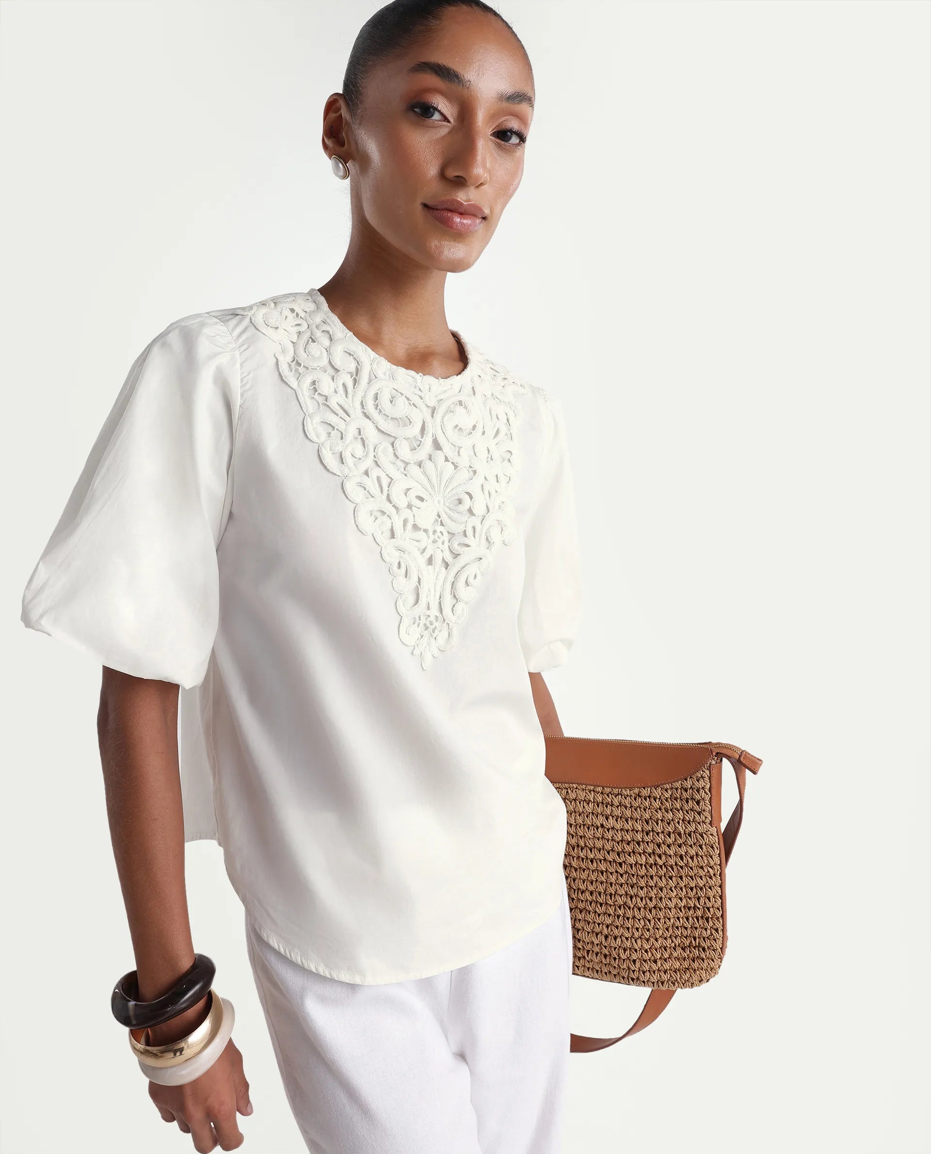 Rareism Women's Nuku White Cotton Crew Neck Relaxed Plain Top