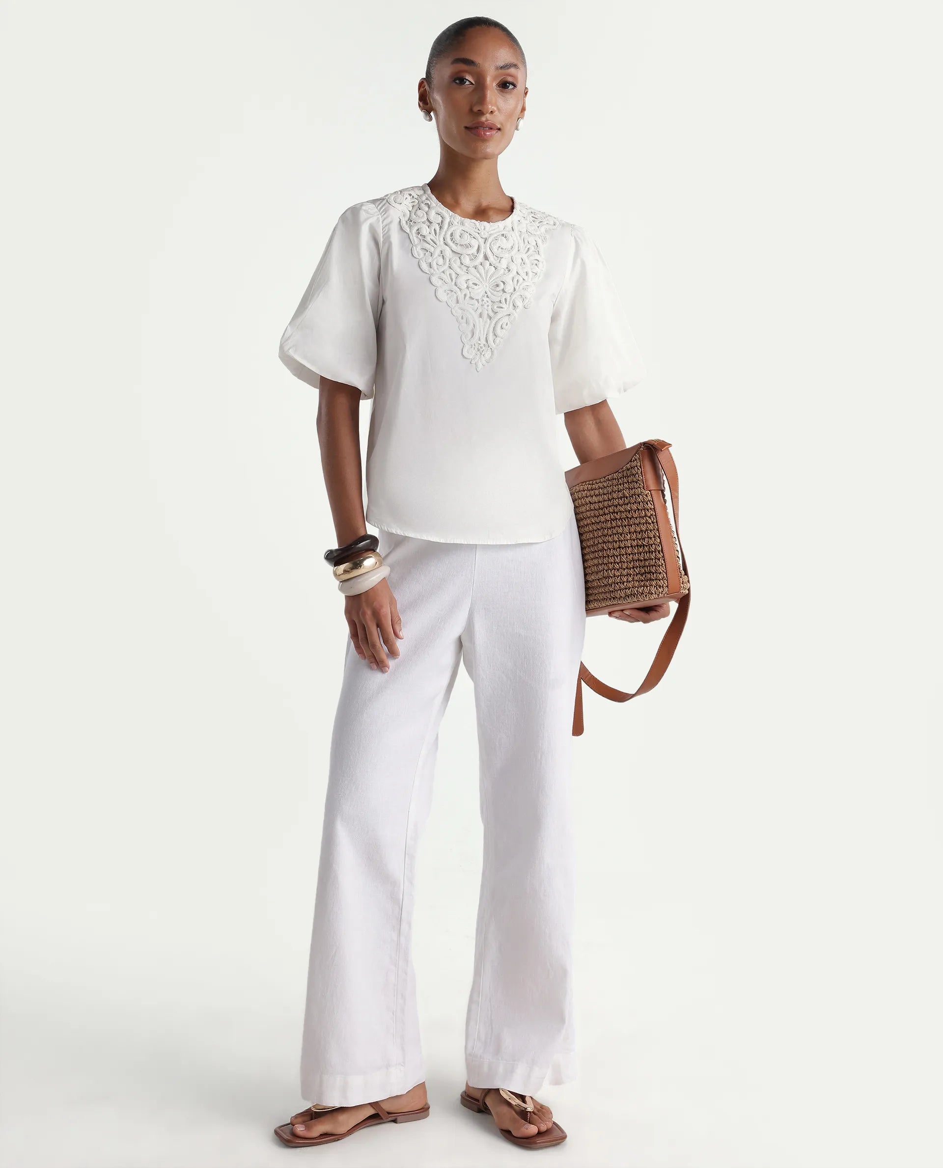 Rareism Women's Nuku White Cotton Crew Neck Relaxed Plain Top