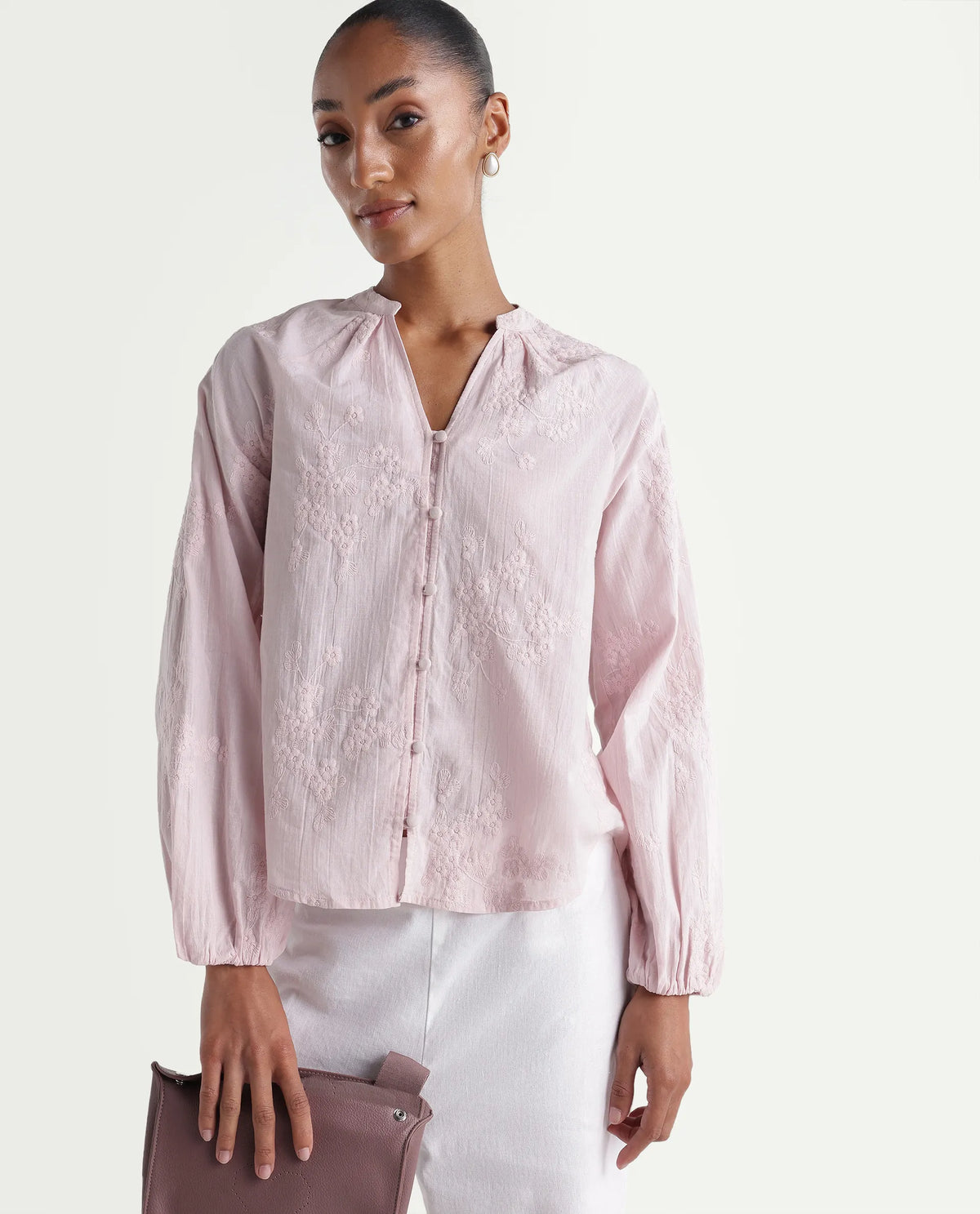 Rareism Women's Nurro Pastel Pink Cotton Band Collar Regular Embroidered Top