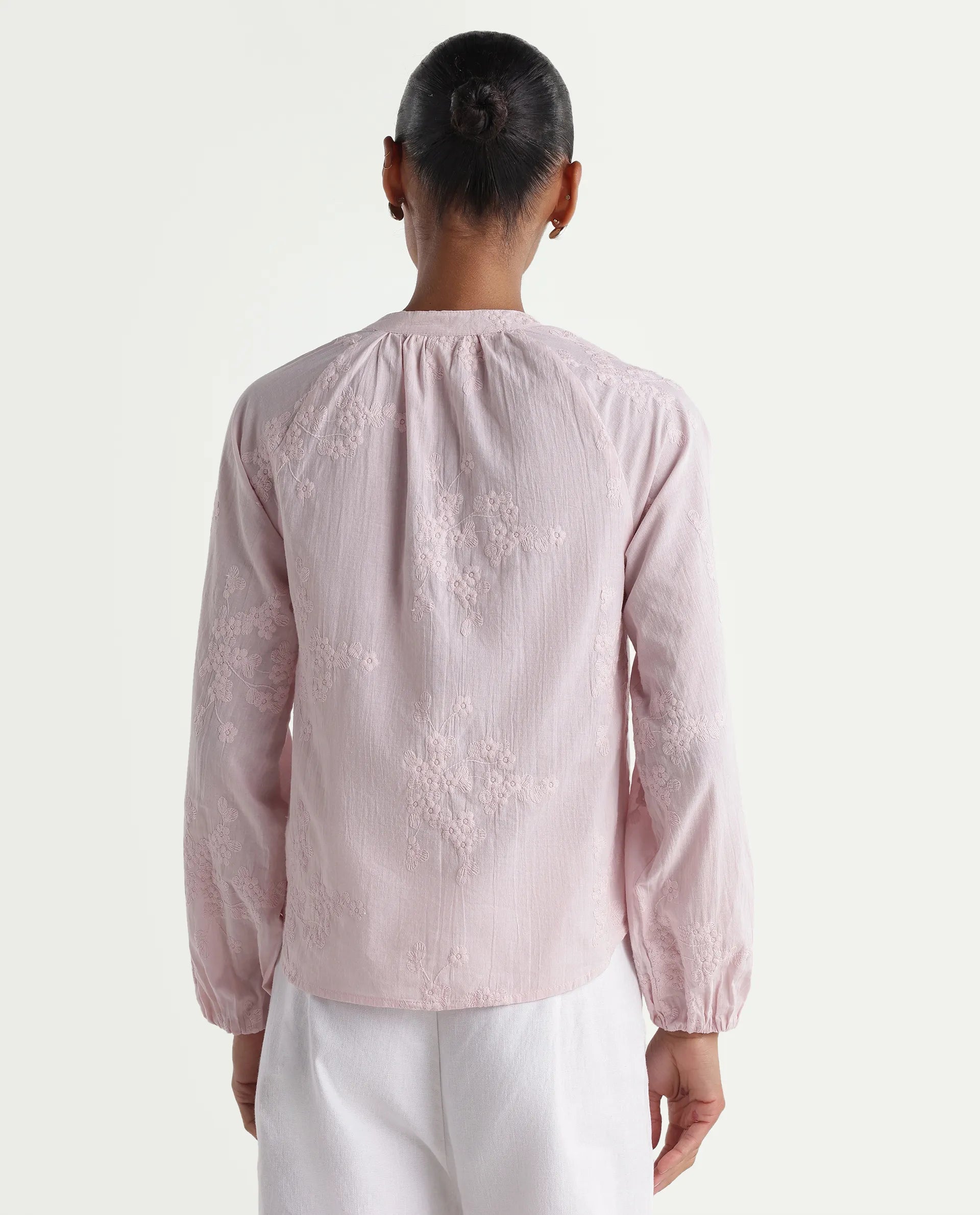 Rareism Women's Nurro Pastel Pink Cotton Band Collar Regular Embroidered Top