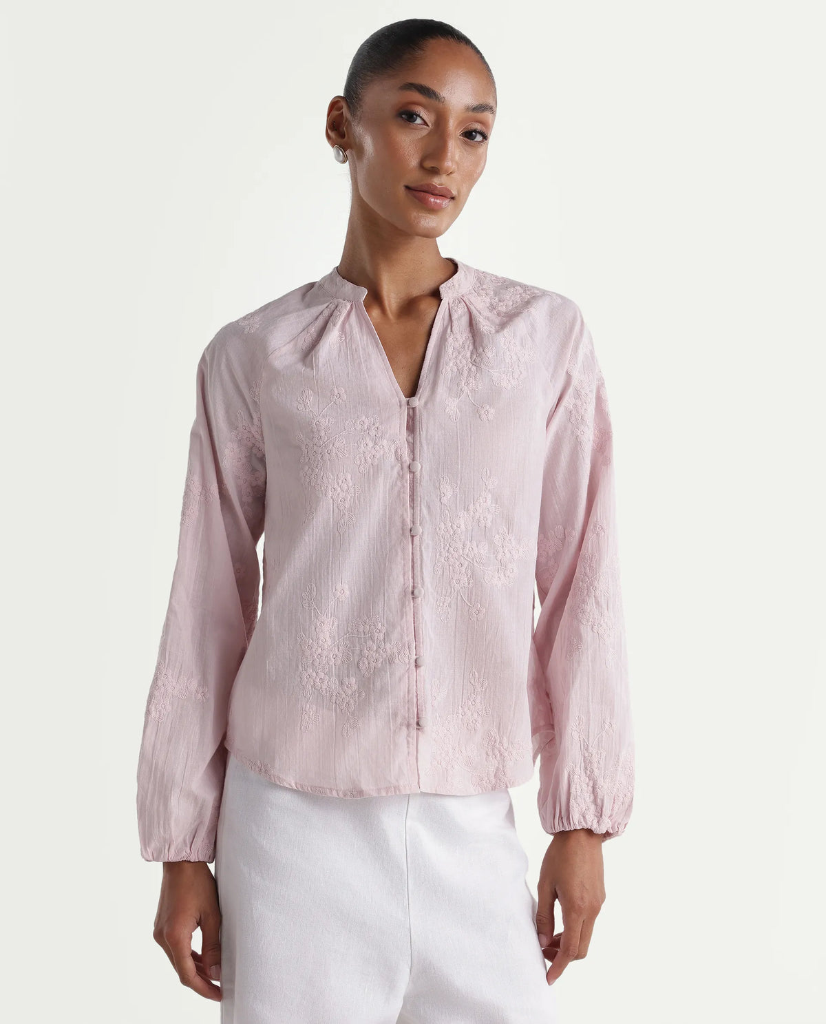 Rareism Women's Nurro Pastel Pink Cotton Band Collar Regular Embroidered Top