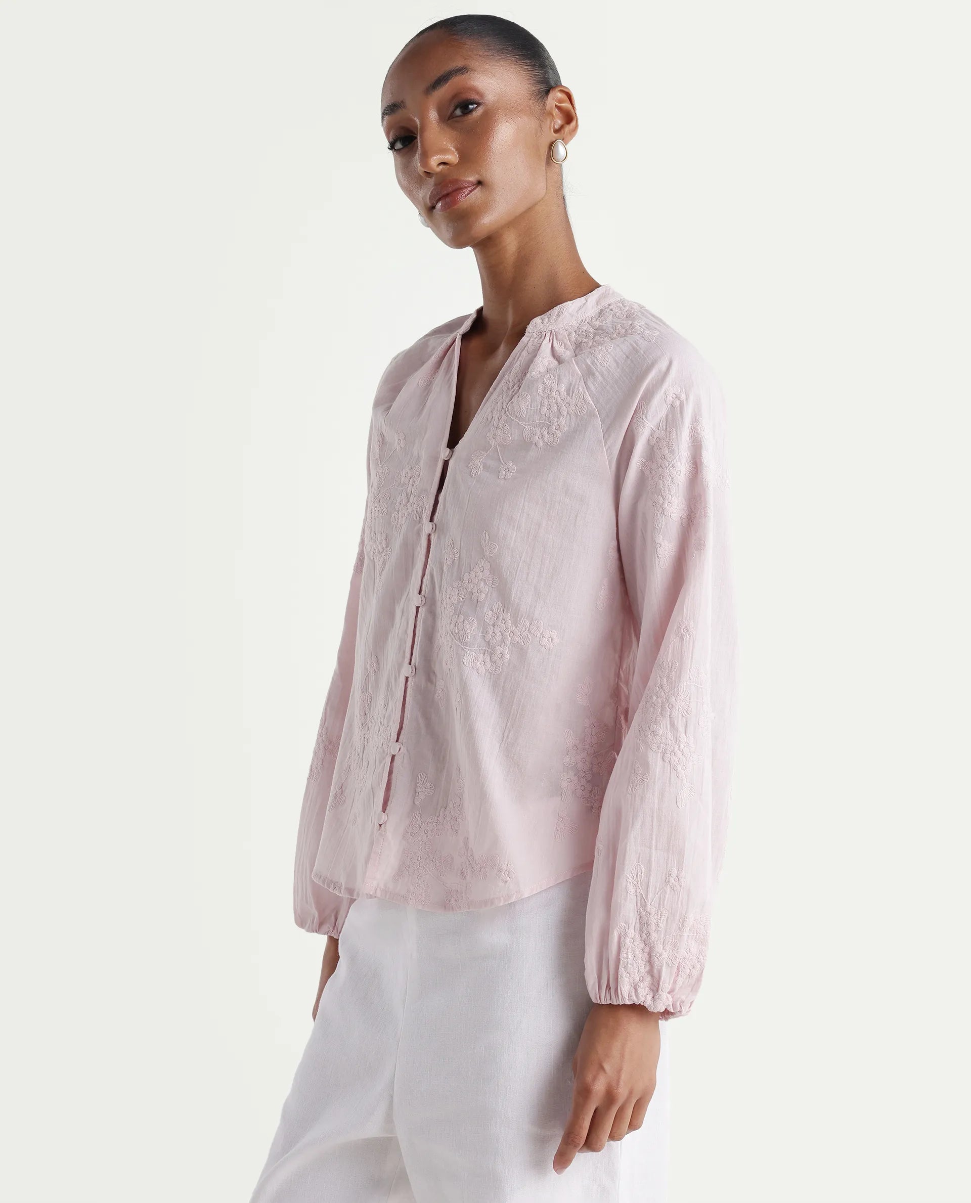 Rareism Women's Nurro Pastel Pink Cotton Band Collar Regular Embroidered Top