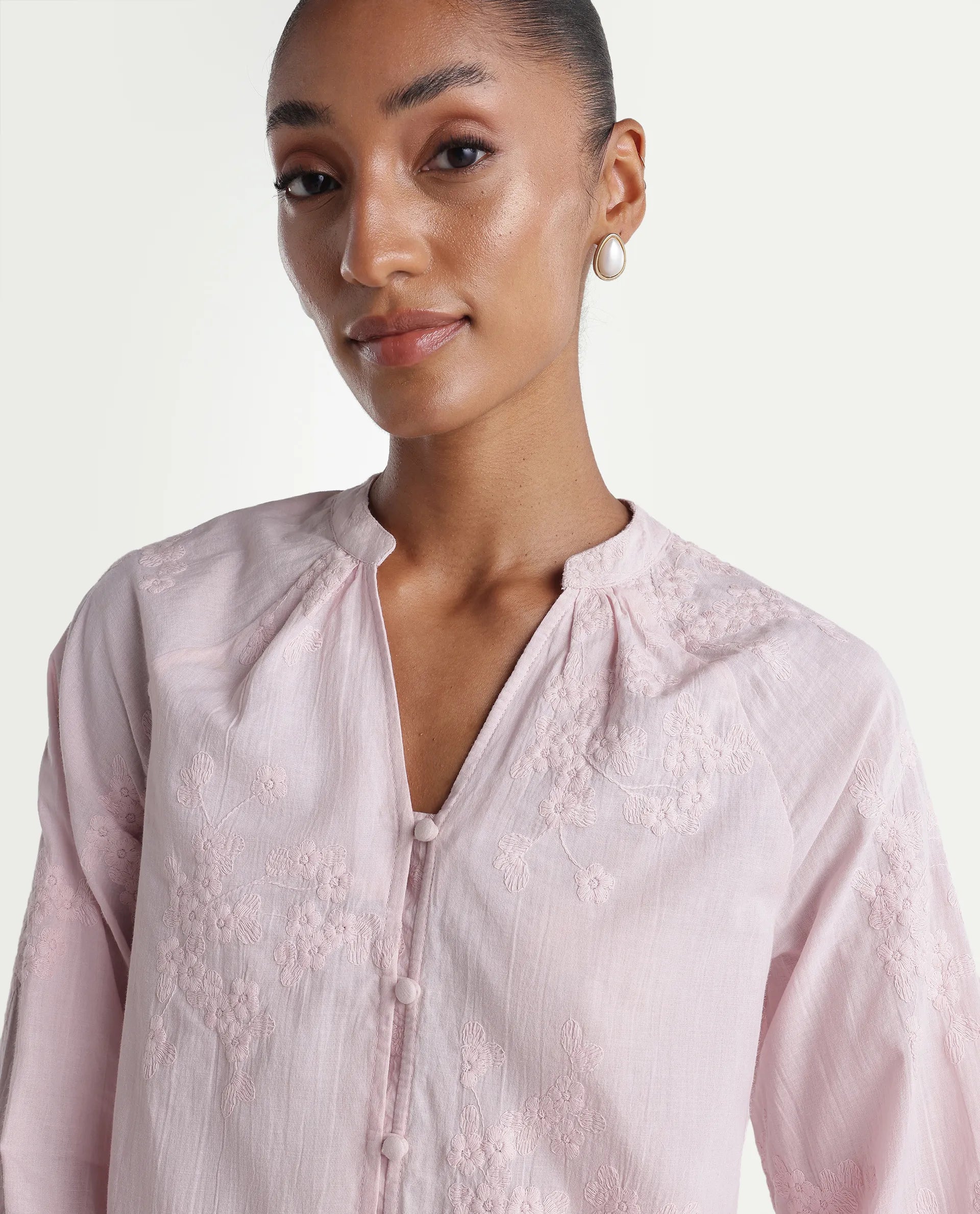 Rareism Women's Nurro Pastel Pink Cotton Band Collar Regular Embroidered Top