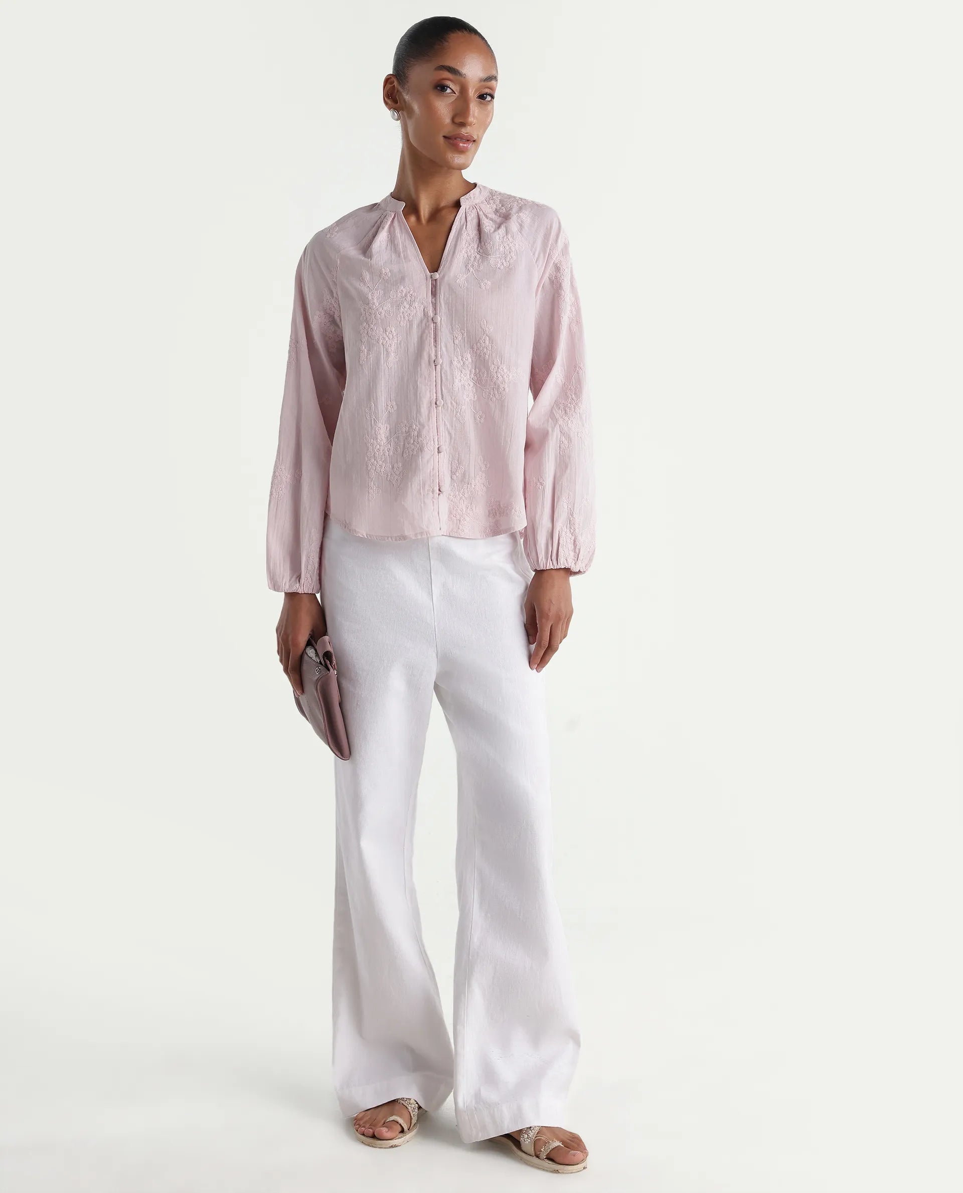 Rareism Women's Nurro Pastel Pink Cotton Band Collar Regular Embroidered Top
