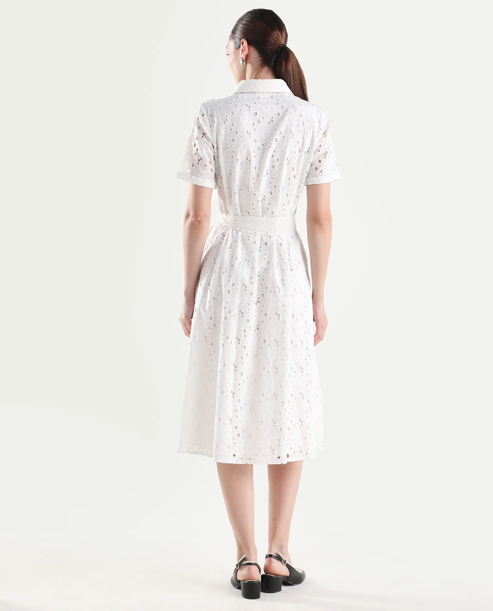 Rareism Women's Rahi Primary White Cotton Half Sleeve Spread Collar A-Line Plain Dress