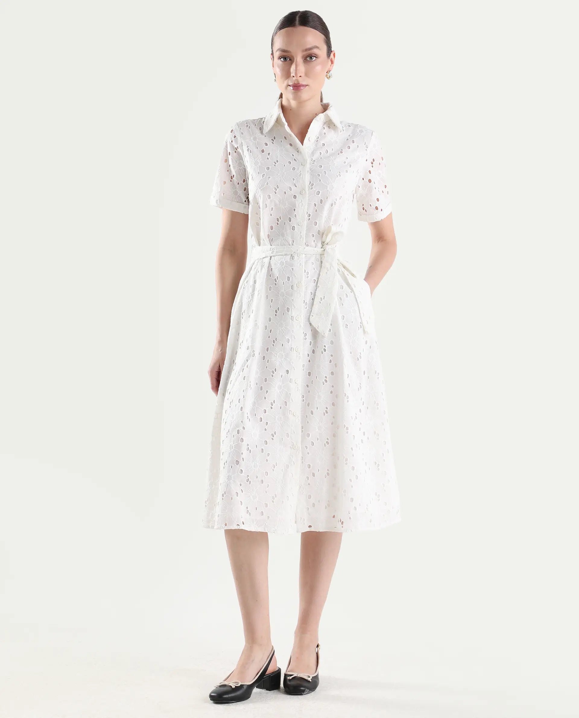 Rareism Women's Rahi Primary White Cotton Half Sleeve Spread Collar A-Line Plain Dress