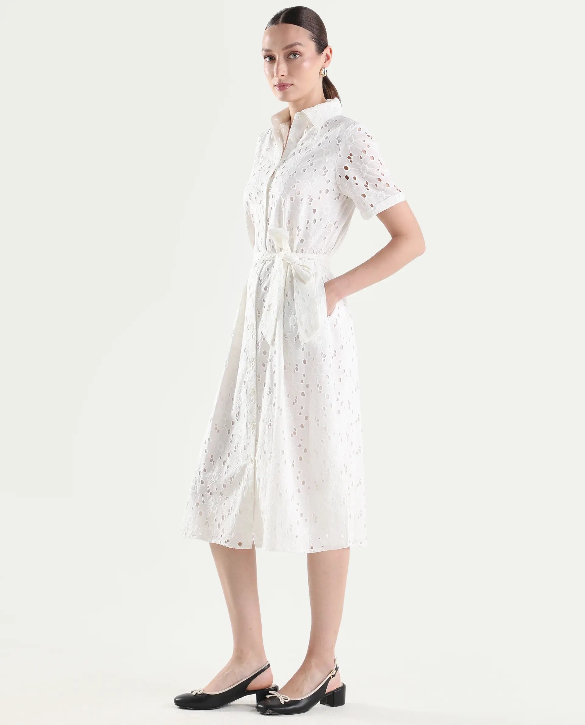 Rareism Women's Rahi Primary White Cotton Half Sleeve Spread Collar A-Line Plain Dress