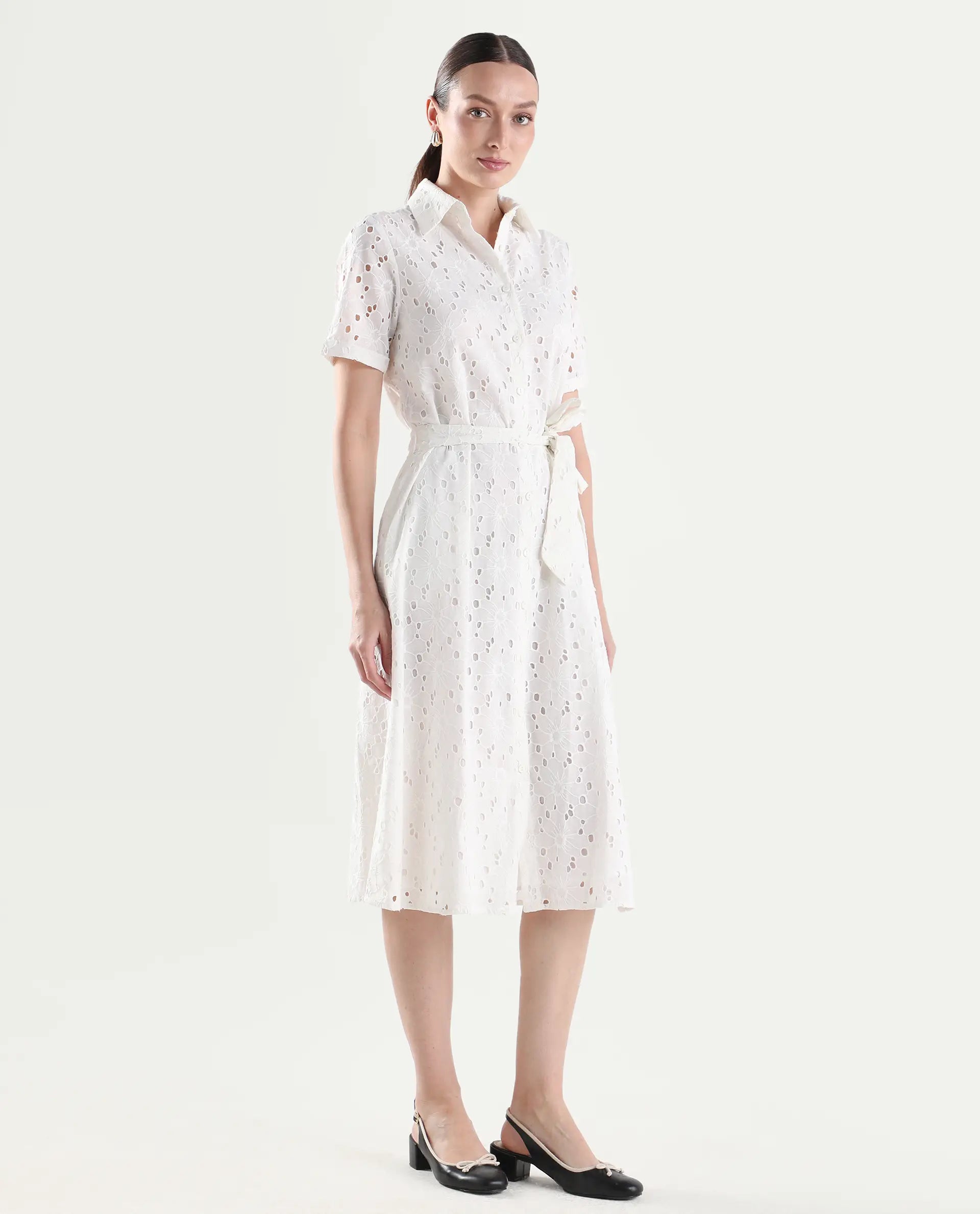 Rareism Women's Rahi Primary White Cotton Half Sleeve Spread Collar A-Line Plain Dress