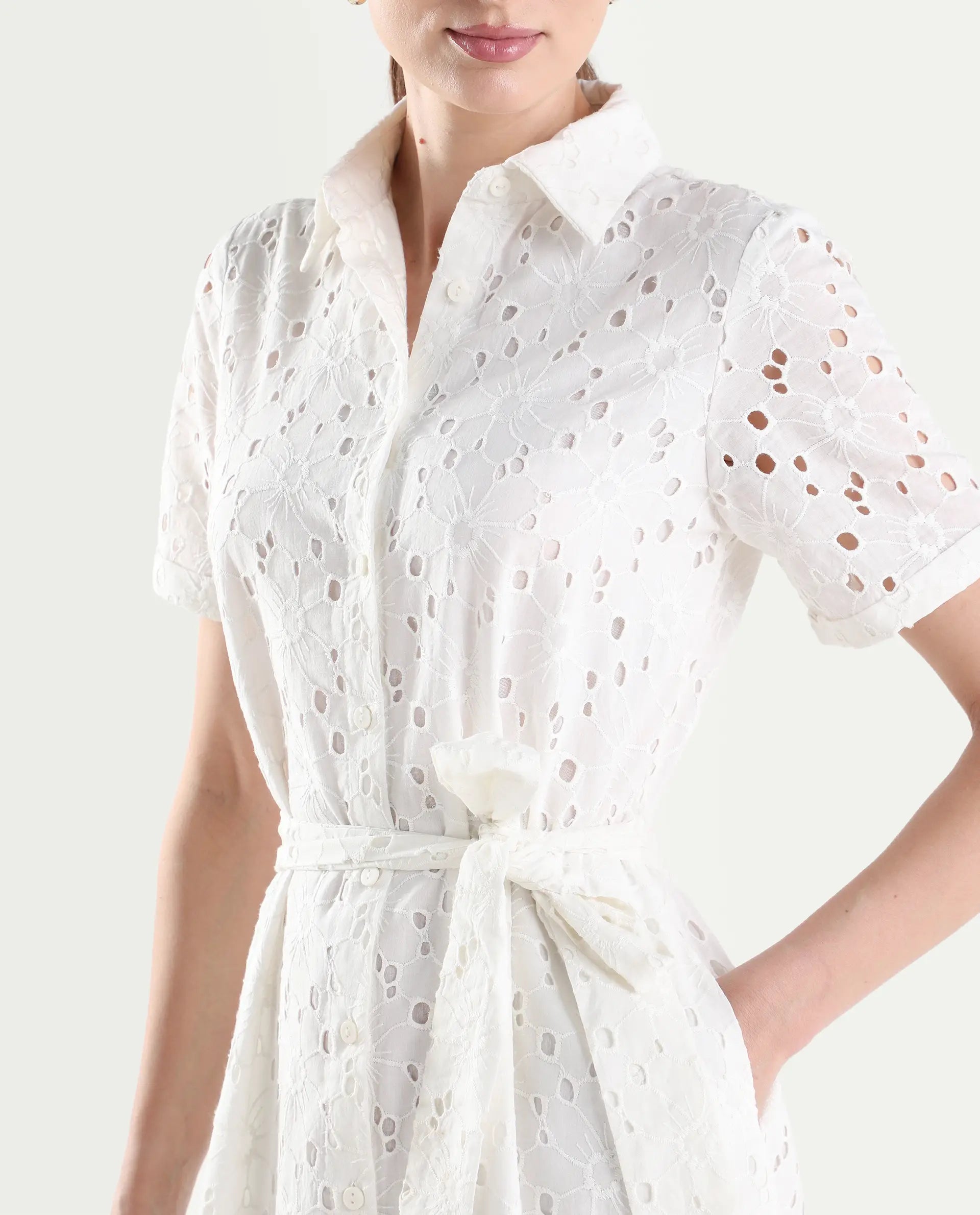 Rareism Women's Rahi Primary White Cotton Half Sleeve Spread Collar A-Line Plain Dress