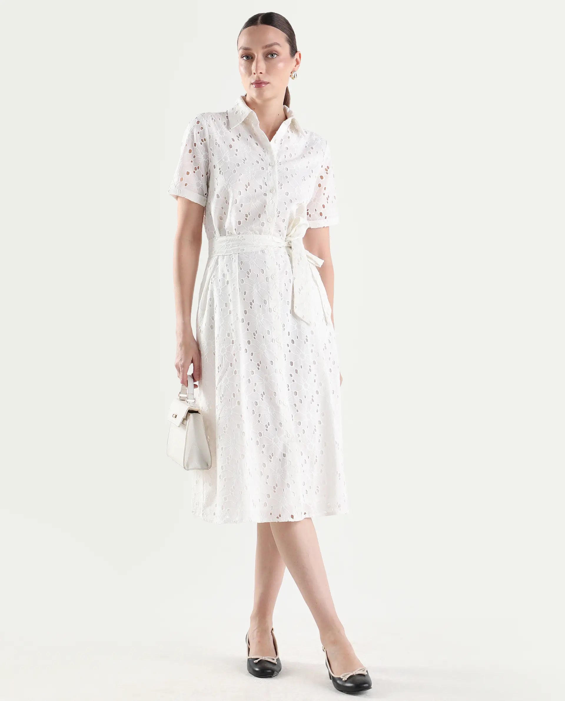 Rareism Women's Rahi Primary White Cotton Half Sleeve Spread Collar A-Line Plain Dress