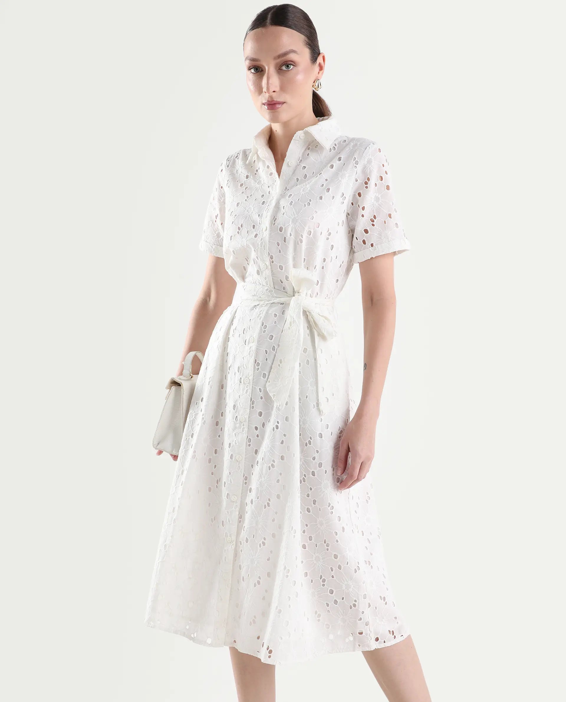 Rareism Women's Rahi Primary White Cotton Half Sleeve Spread Collar A-Line Plain Dress