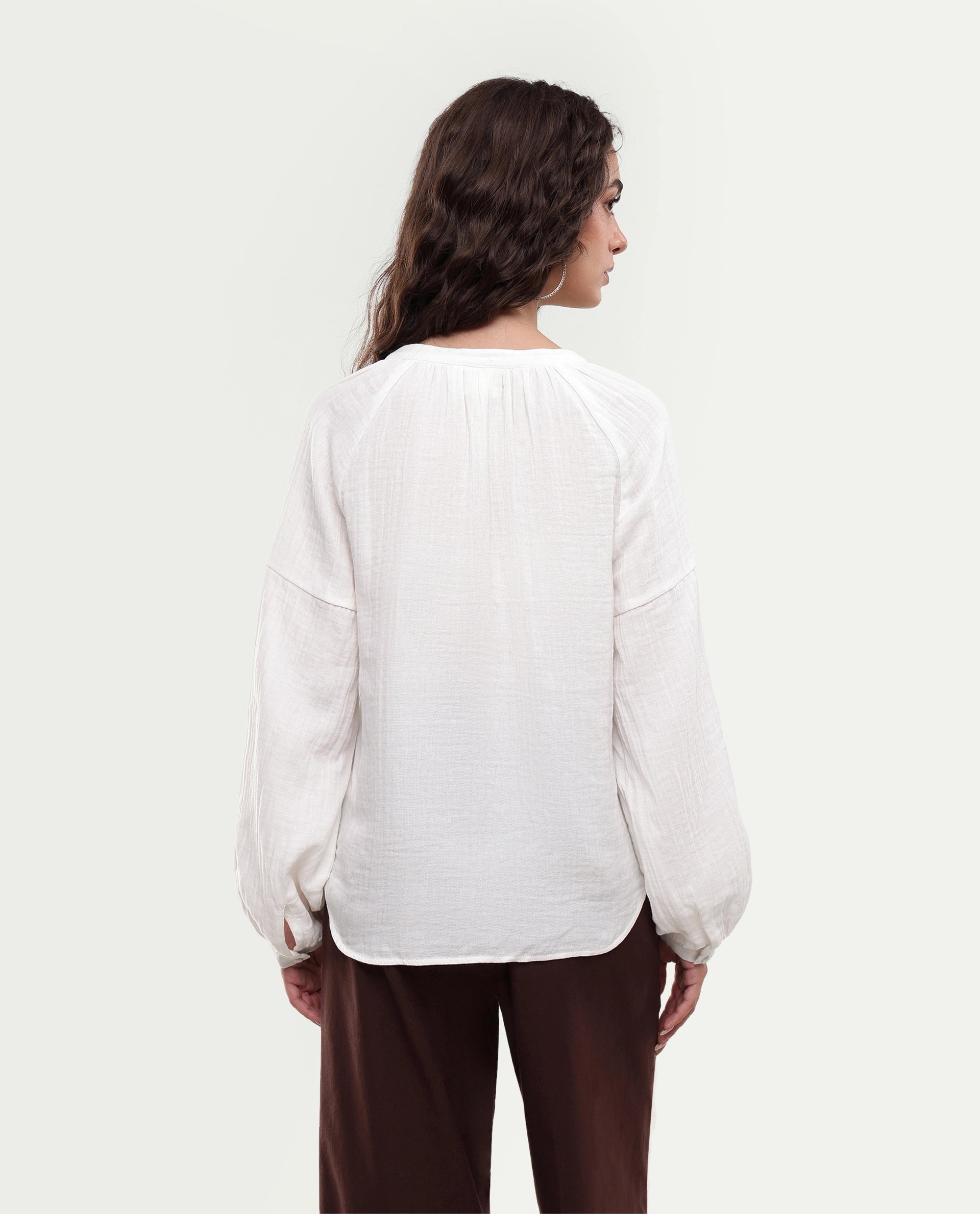 Rareism Women's Rudin White Cotton Band Collar Relaxed Plain Top