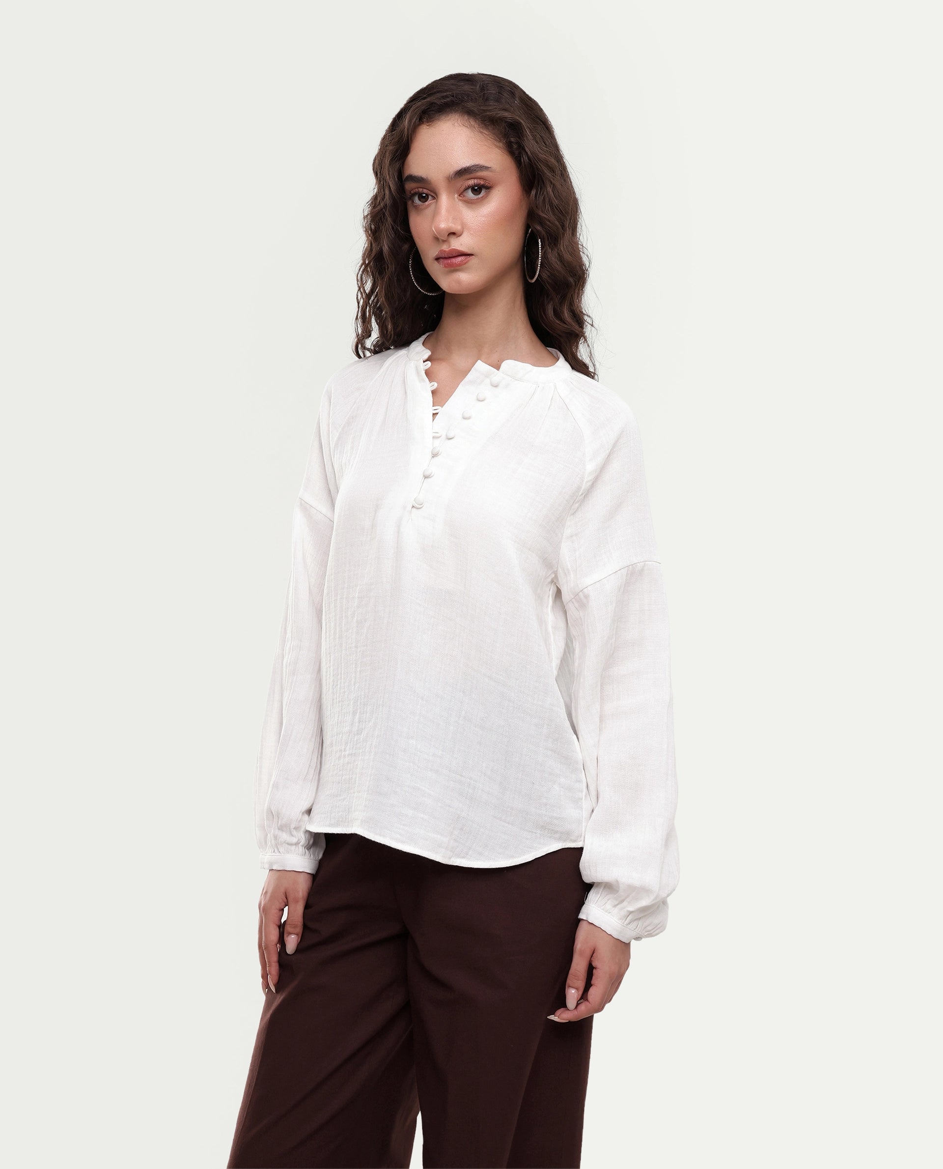 Rareism Women's Rudin White Cotton Band Collar Relaxed Plain Top