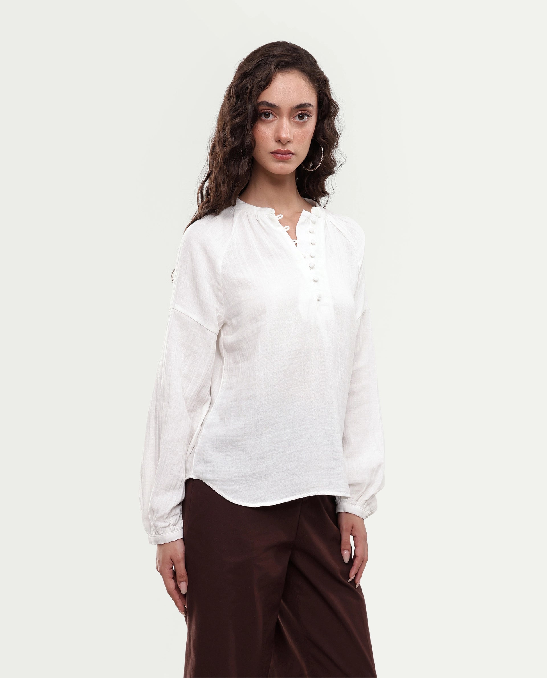 Rareism Women's Rudin White Cotton Band Collar Relaxed Plain Top