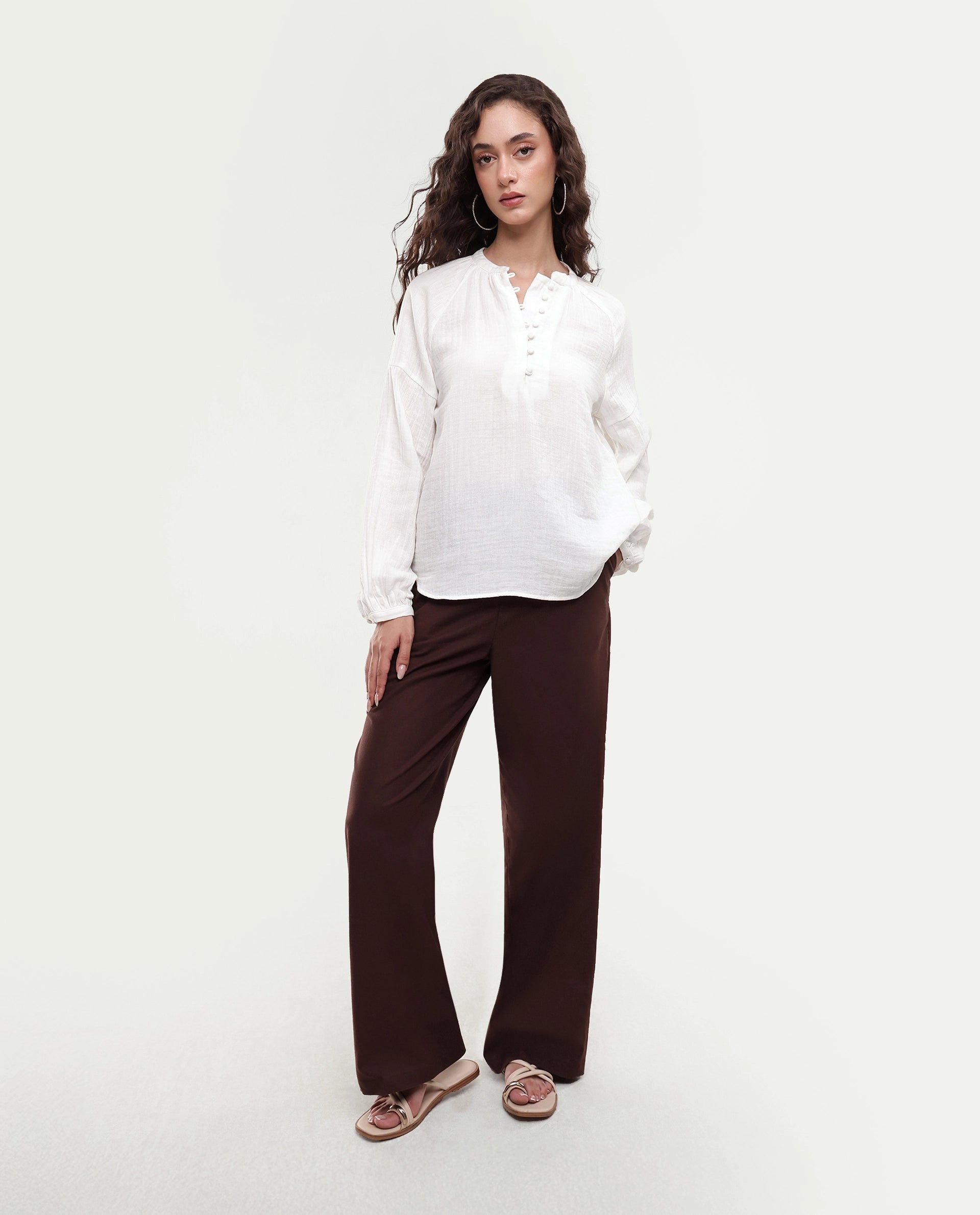 Rareism Women's Rudin White Cotton Band Collar Relaxed Plain Top