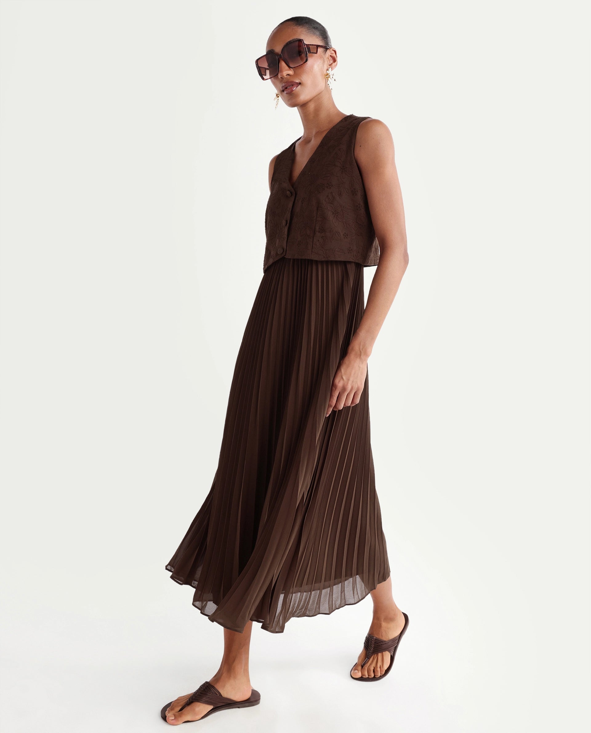 Rareism Women's Rudro Brown Self Design Cotton Blend Flared Sleeveless Dress