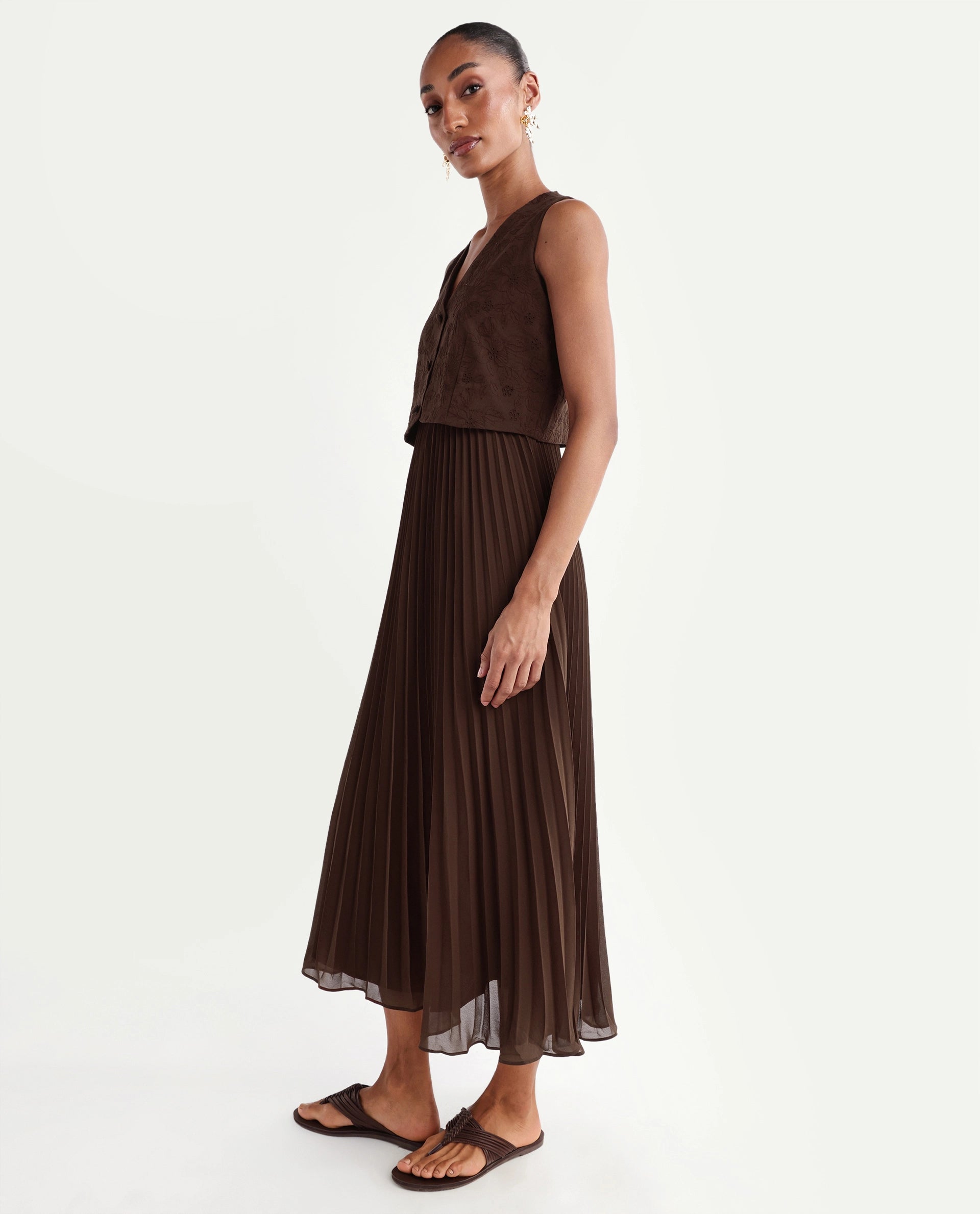 Rareism Women's Rudro Brown Self Design Cotton Blend Flared Sleeveless Dress