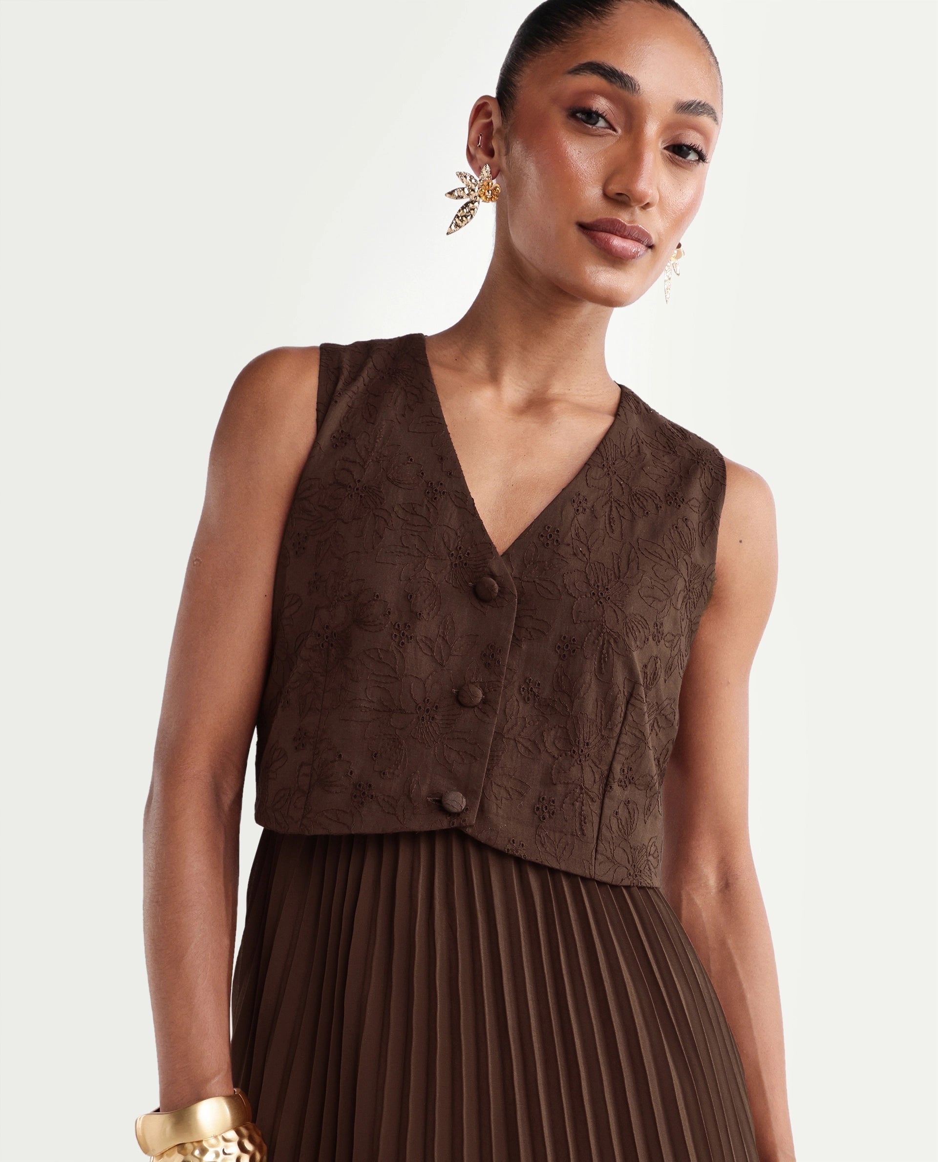Rareism Women's Rudro Brown Self Design Cotton Blend Flared Sleeveless Dress