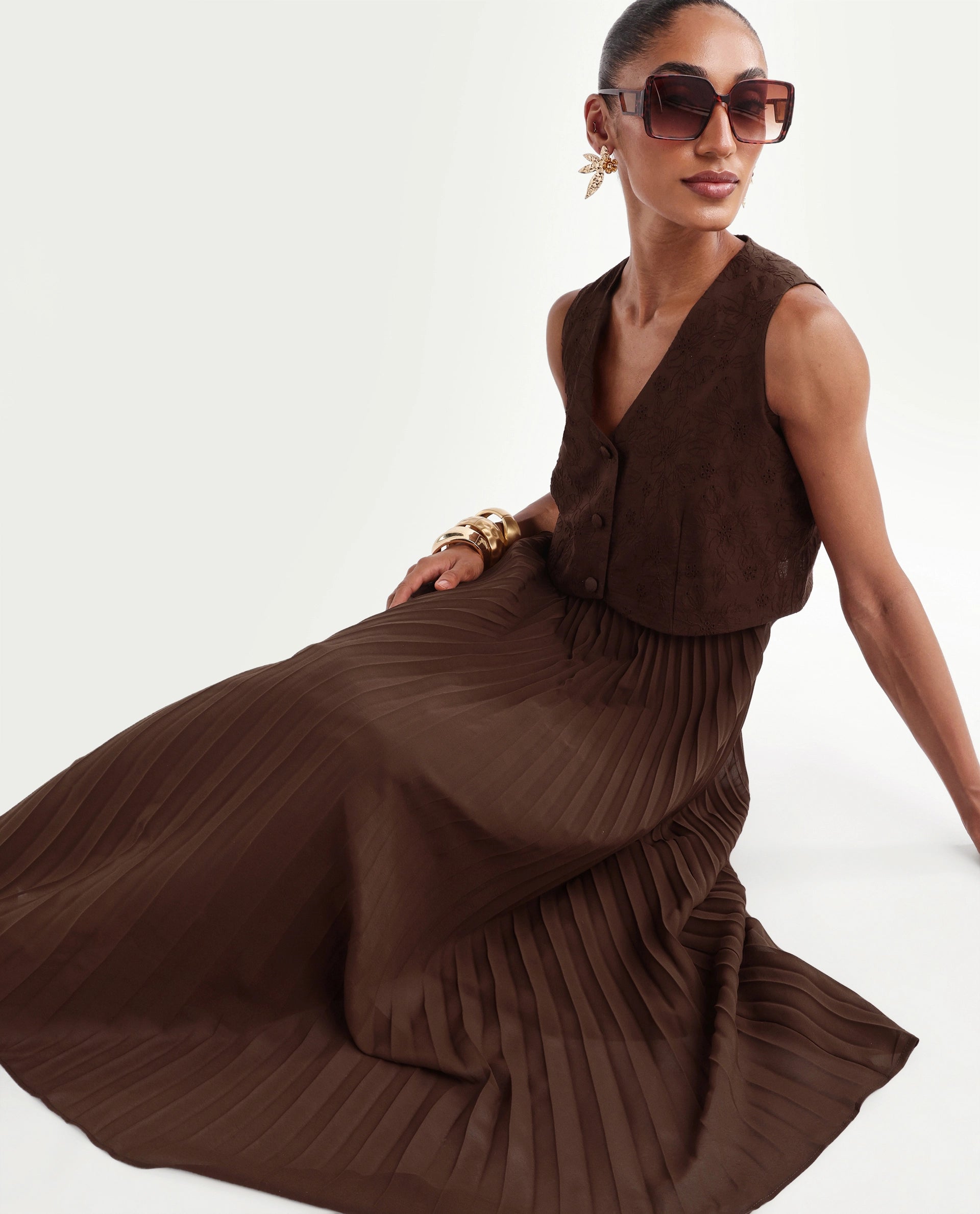 Rareism Women's Rudro Brown Self Design Cotton Blend Flared Sleeveless Dress