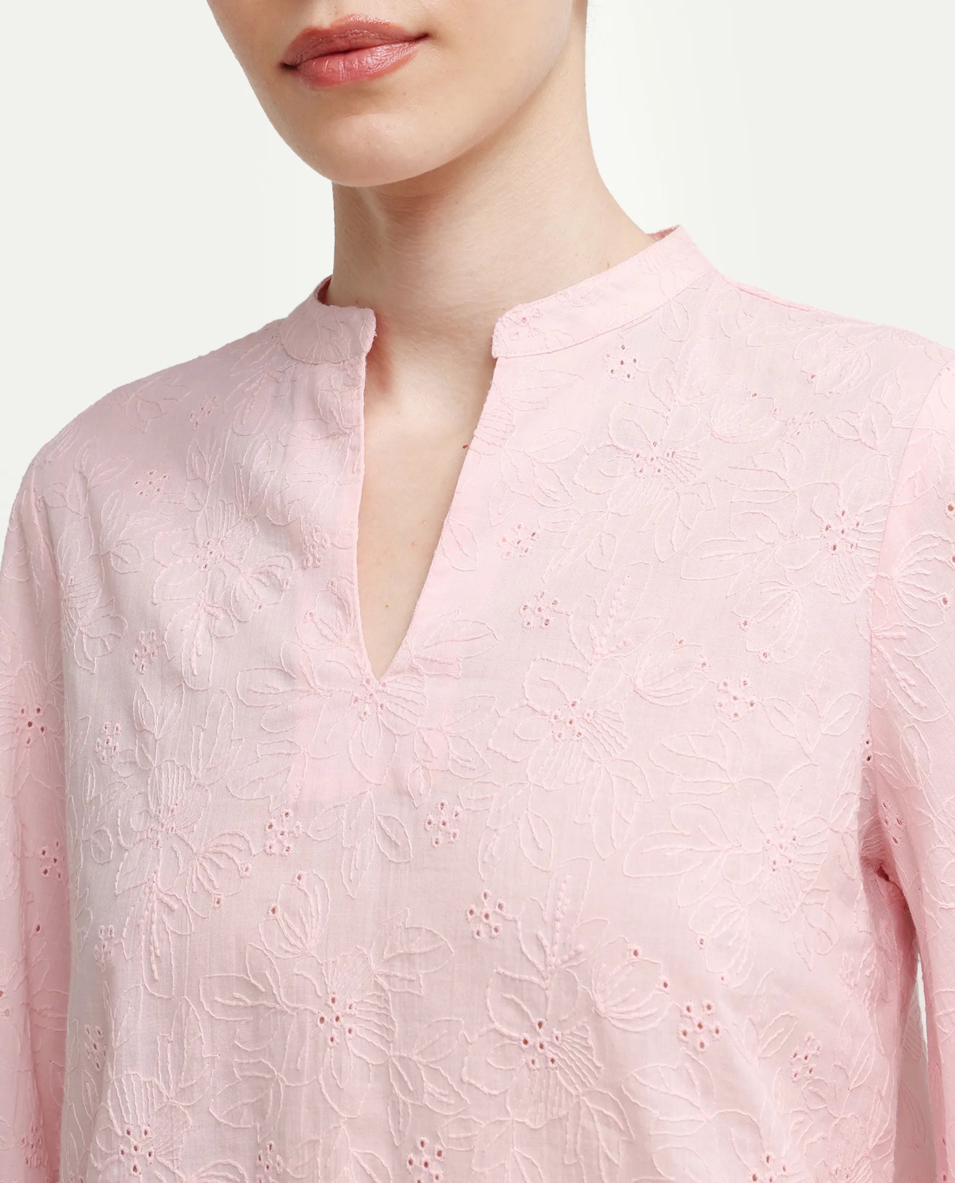 Rareism Women's Rufo Pastel Pink Cotton Full Sleeve Band Collar Regular Fit Top