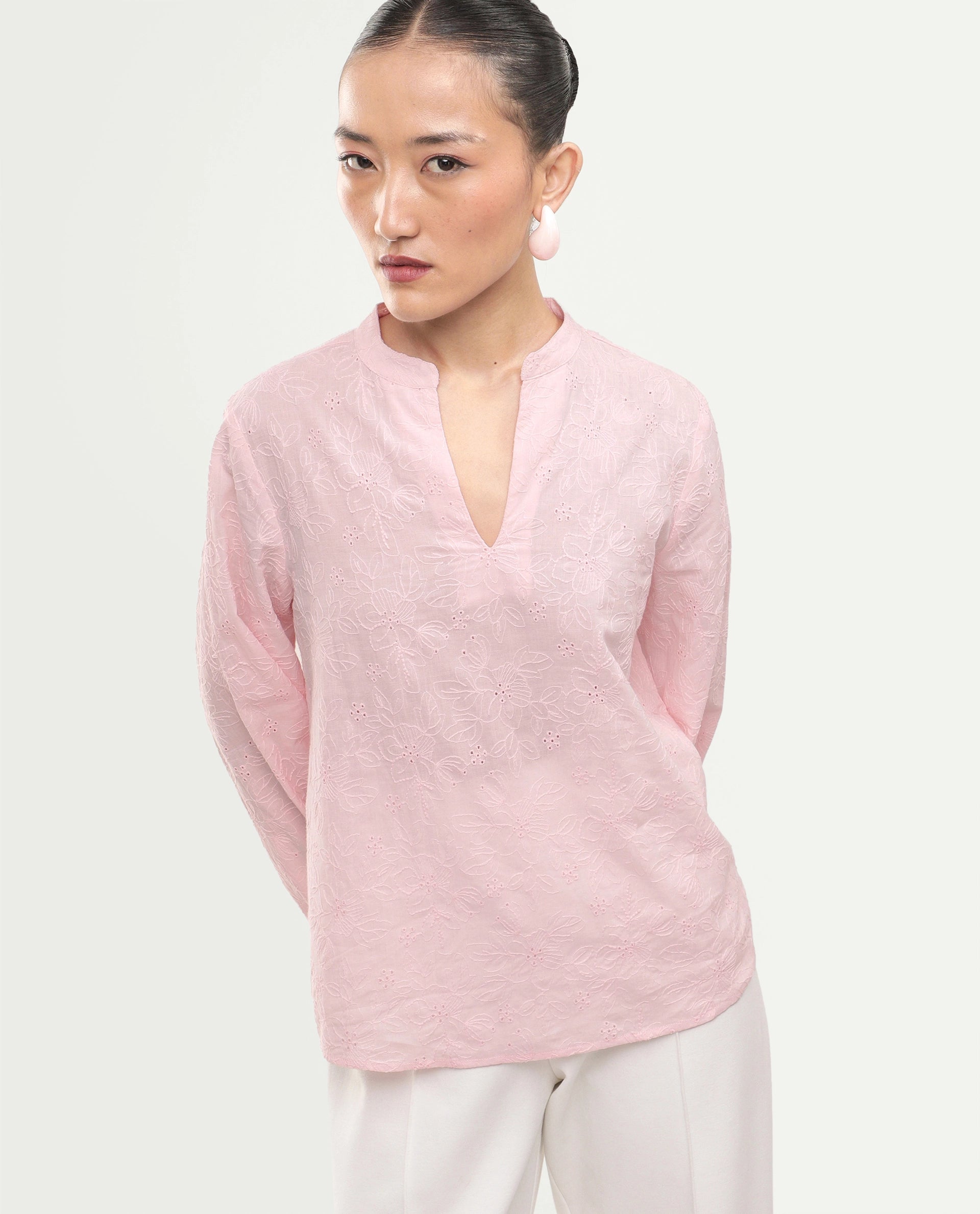 Rareism Women's Rufo Pastel Pink Cotton Full Sleeve Band Collar Regular Fit Top