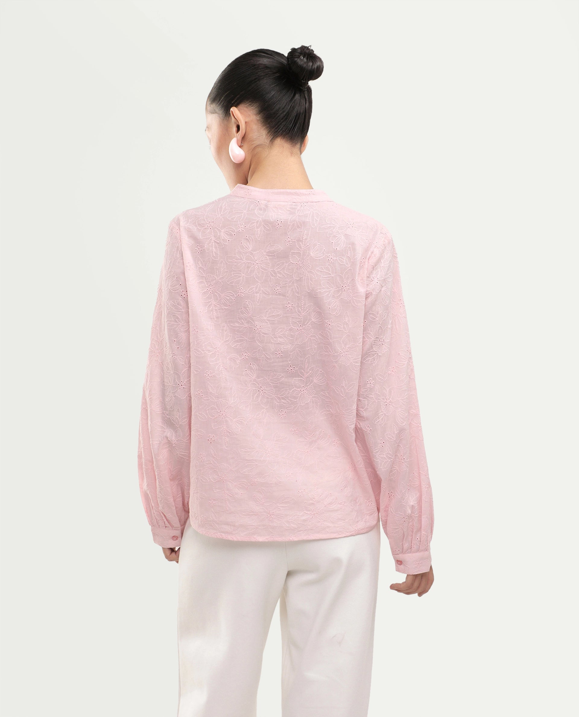 Rareism Women's Rufo Pastel Pink Cotton Full Sleeve Band Collar Regular Fit Top