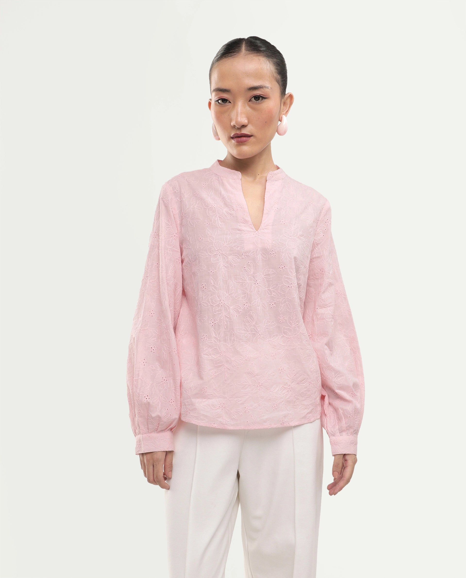 Rareism Women's Rufo Pastel Pink Cotton Full Sleeve Band Collar Regular Fit Top