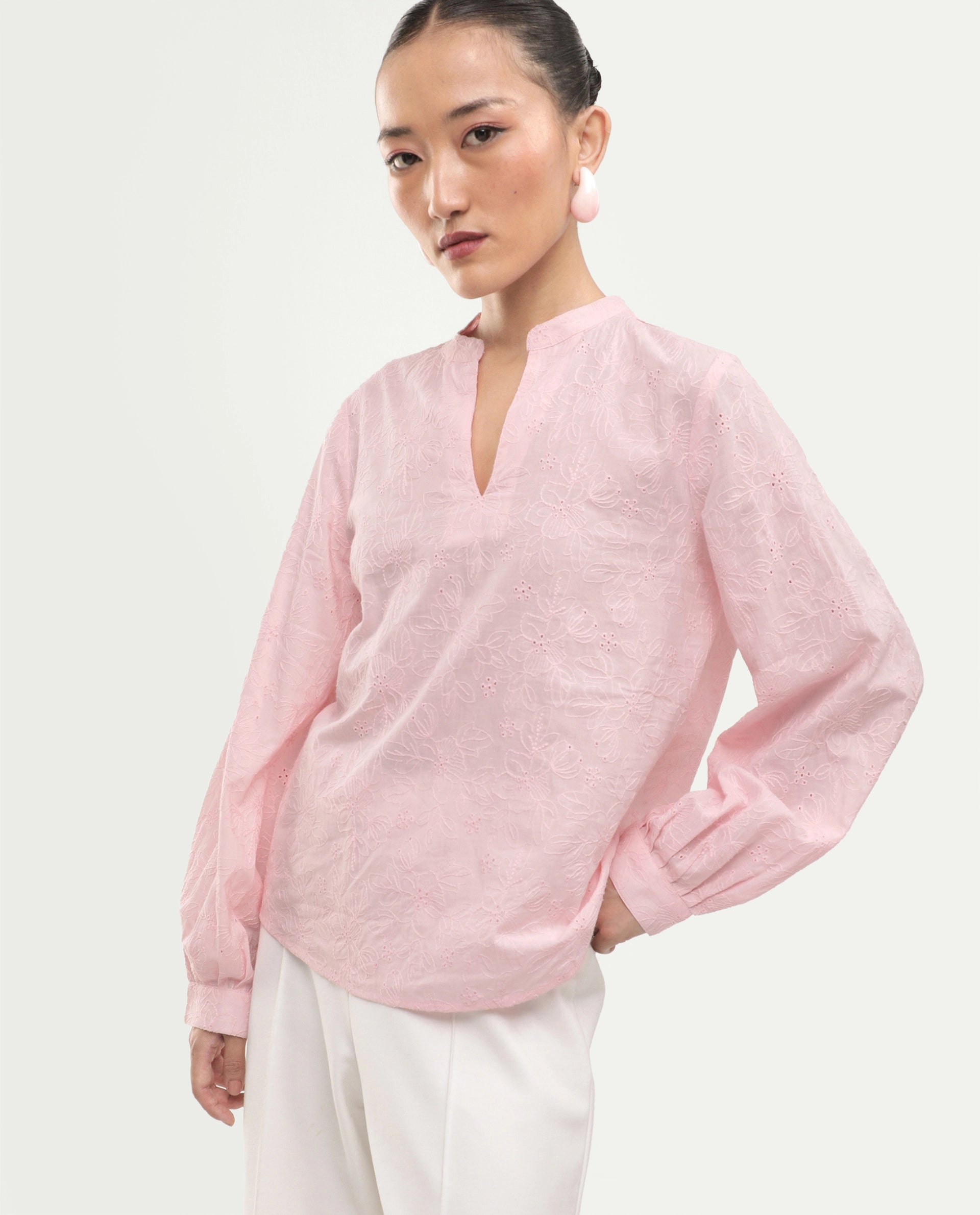 Rareism Women's Rufo Pastel Pink Cotton Full Sleeve Band Collar Regular Fit Top